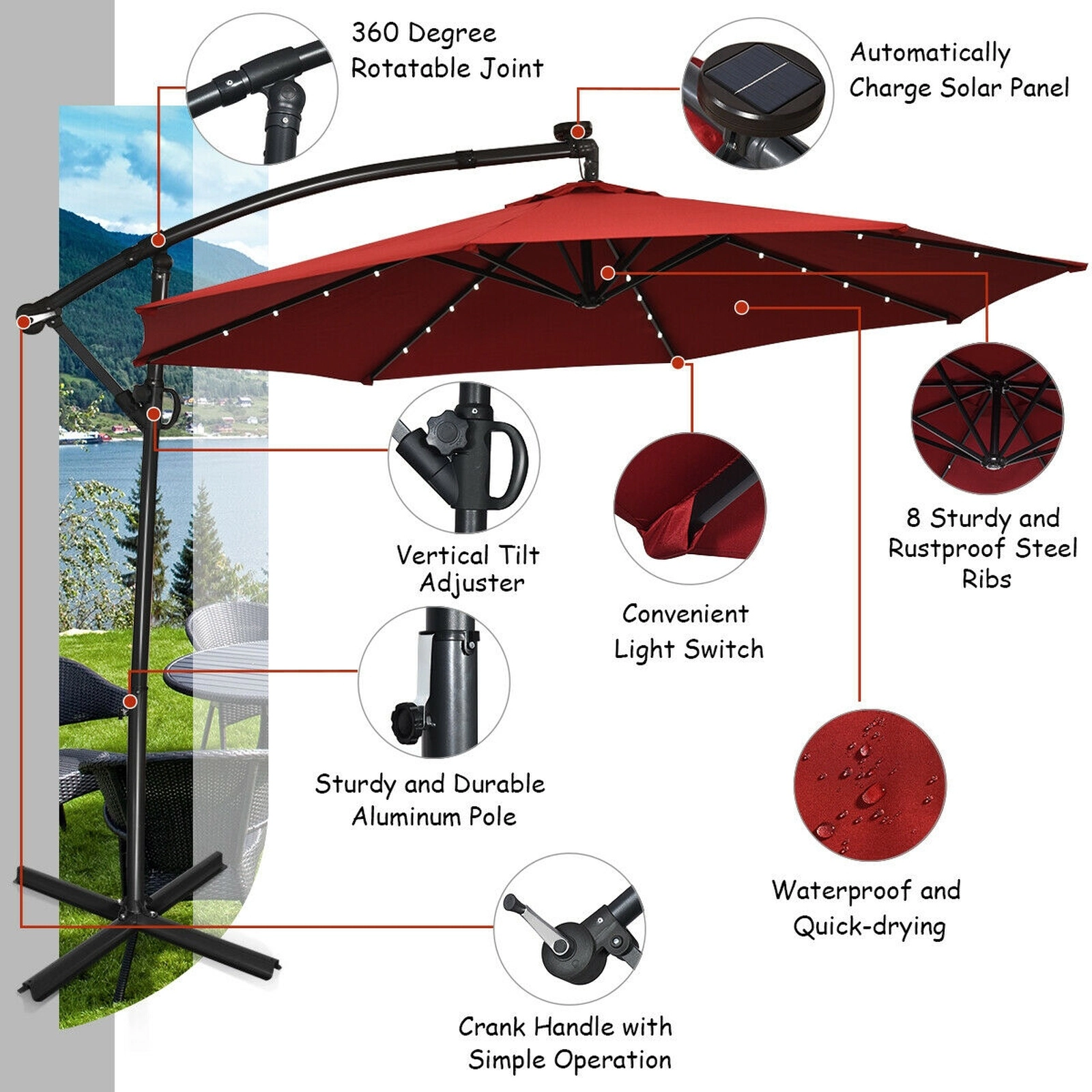 SUGIFT 10-ft Dark Red Offset Cantilever Patio Umbrella with 360-Degree Rotation Easy Tilt and 32 Solar Lights