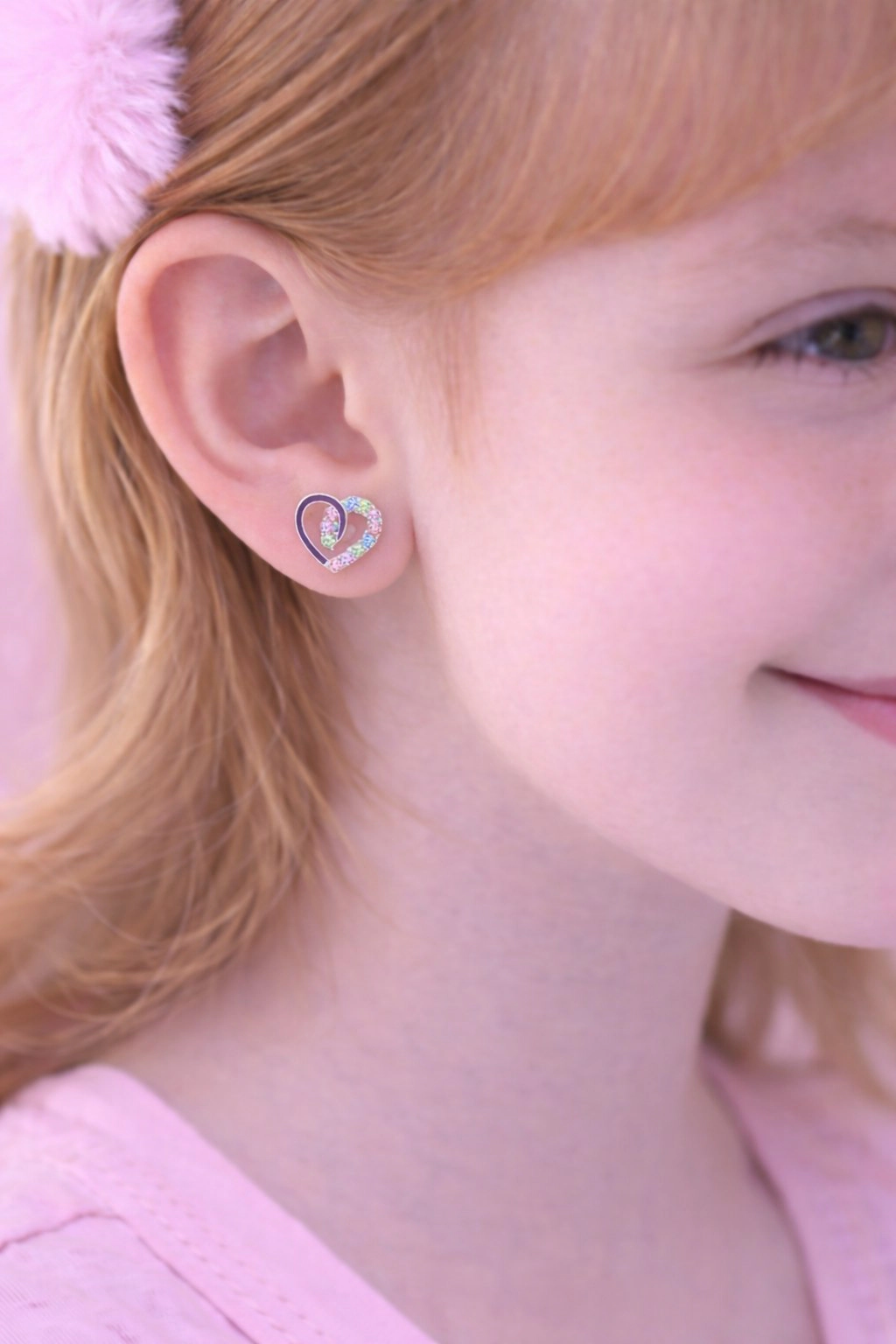 CHANTEUR Kids Heart Stud Earrings - Hypoallergenic Surgical Titanium Screwback, Silver-Plated with Pink Cubic Zirconia