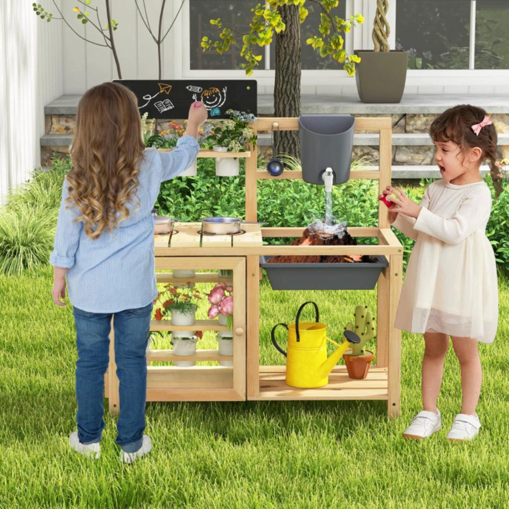 Hivvago Mud Kitchen Playset with Sink and Plants Observation Room-Natural