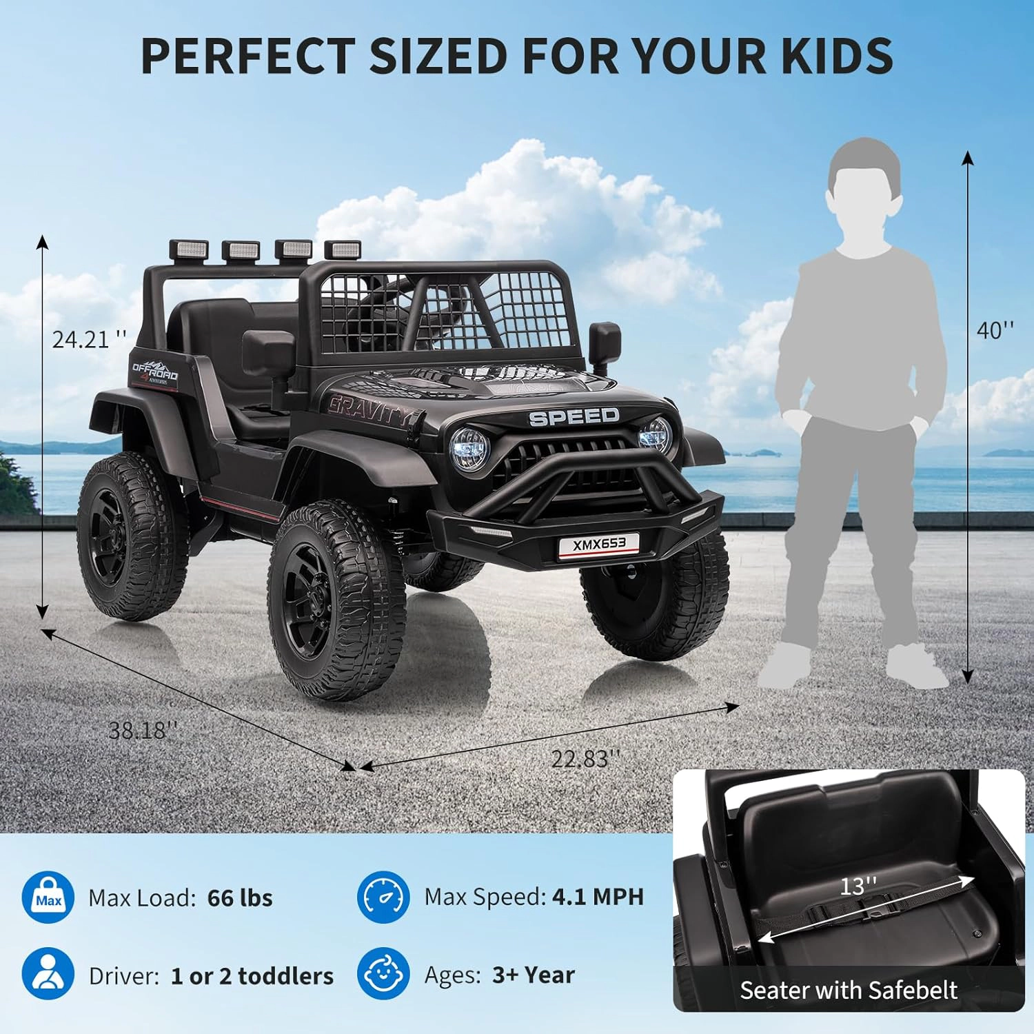 Enjyam 12V Kids Ride On Truck, Electric Car Toy with Extra Wide Seat & Legroom, Remote Control,3 Speeds,LED Lights,