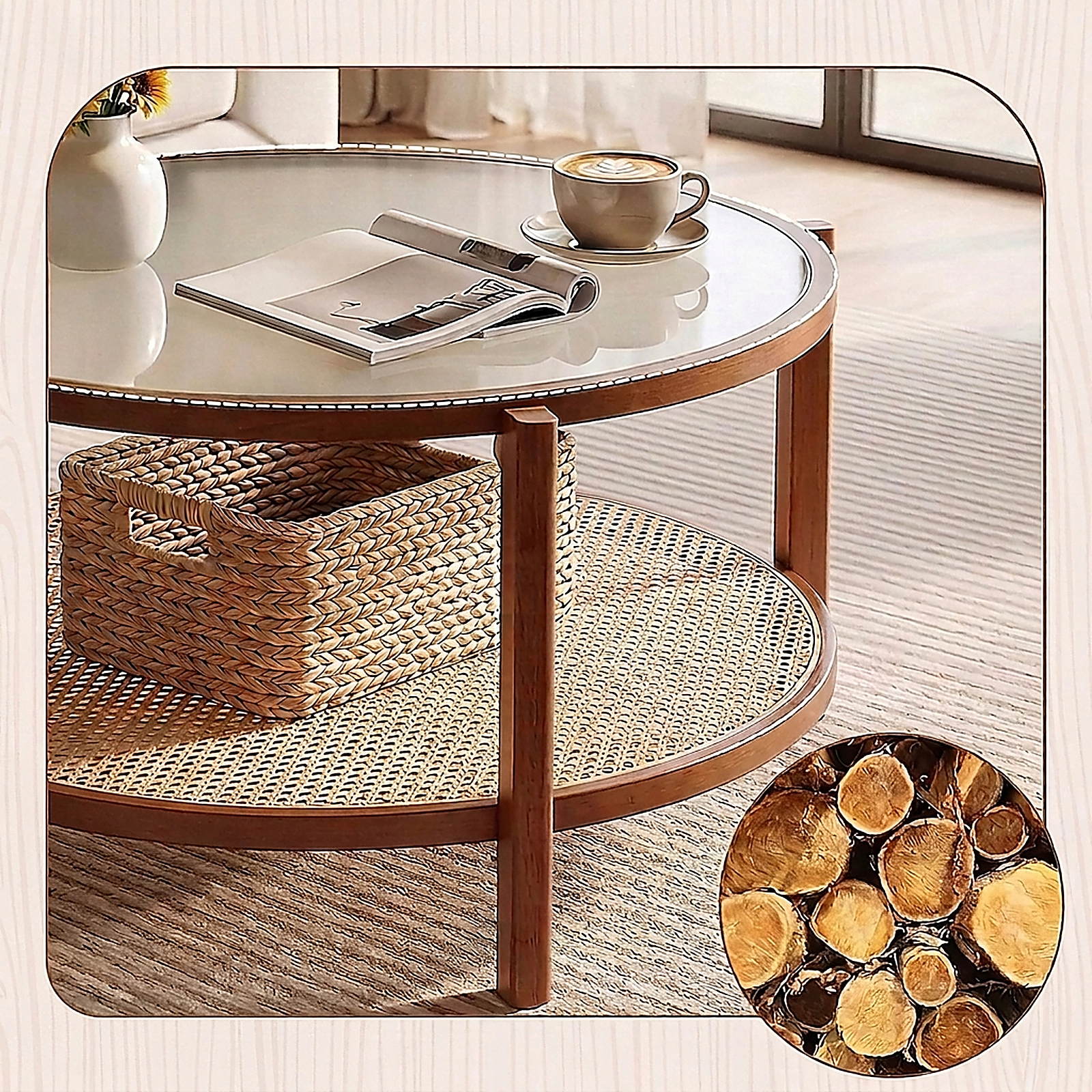 SUGIFT 2-Tier Round Frosted Glass Top PE Rattan Shelf Coffee Table 35-in x 35-in x 18-in 110-lb Capacity Walnut