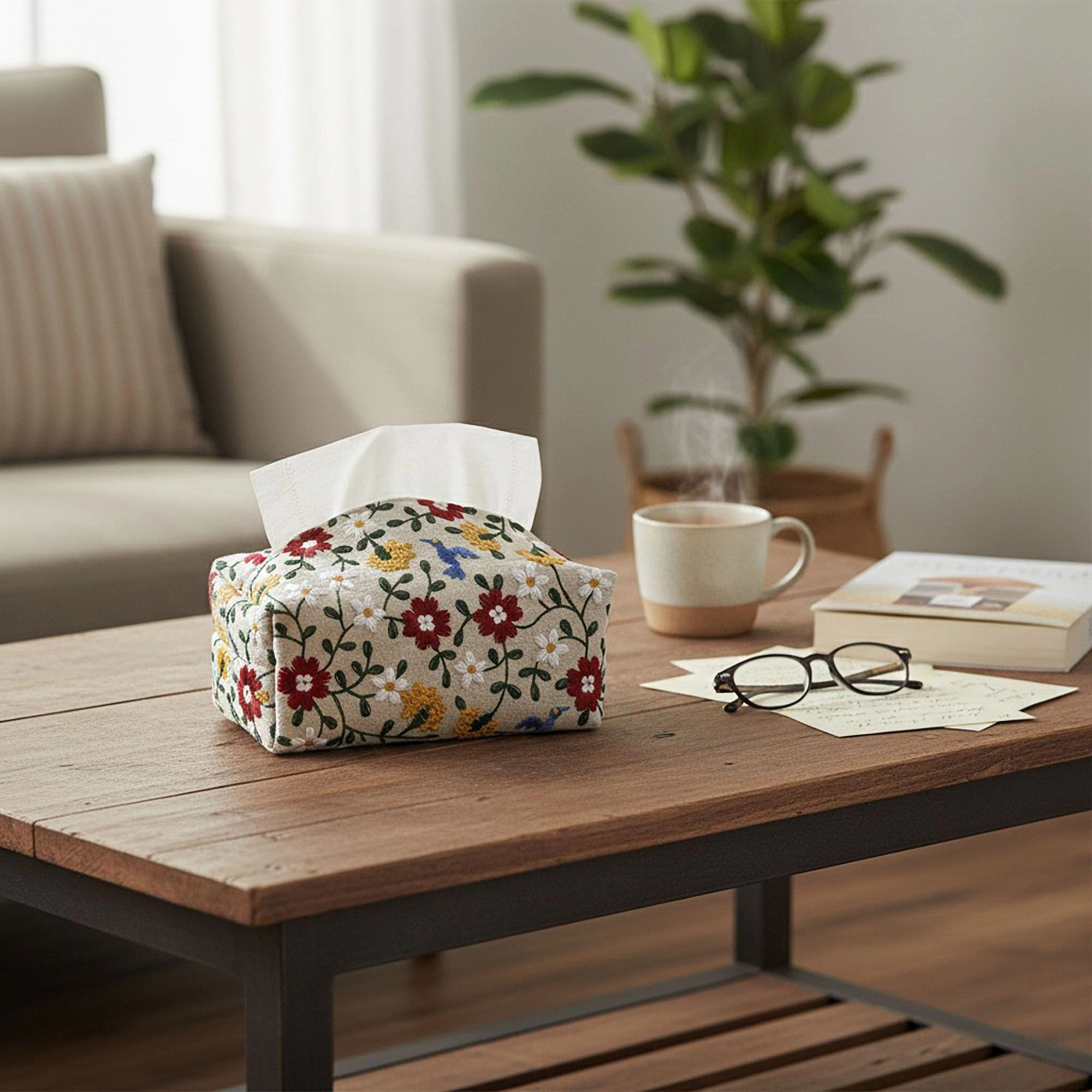 Alilang Unisex Embroidered Fabric Tissue Holder with Patchwork Pattern Design