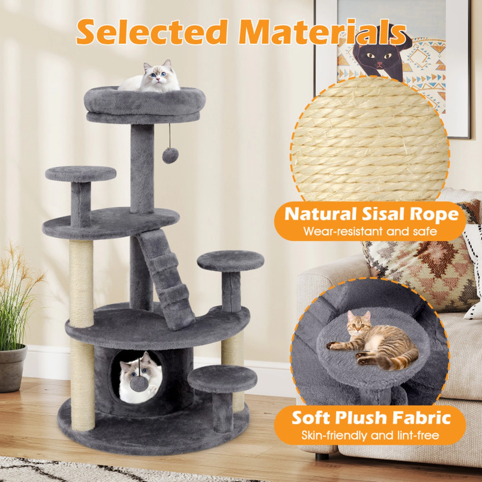 SUGIFT Multi-Level Kitty Tower Cat Tree with Condo, Climbing Ladder and Pompom Toys 33-lb Capacity Beige/Gray