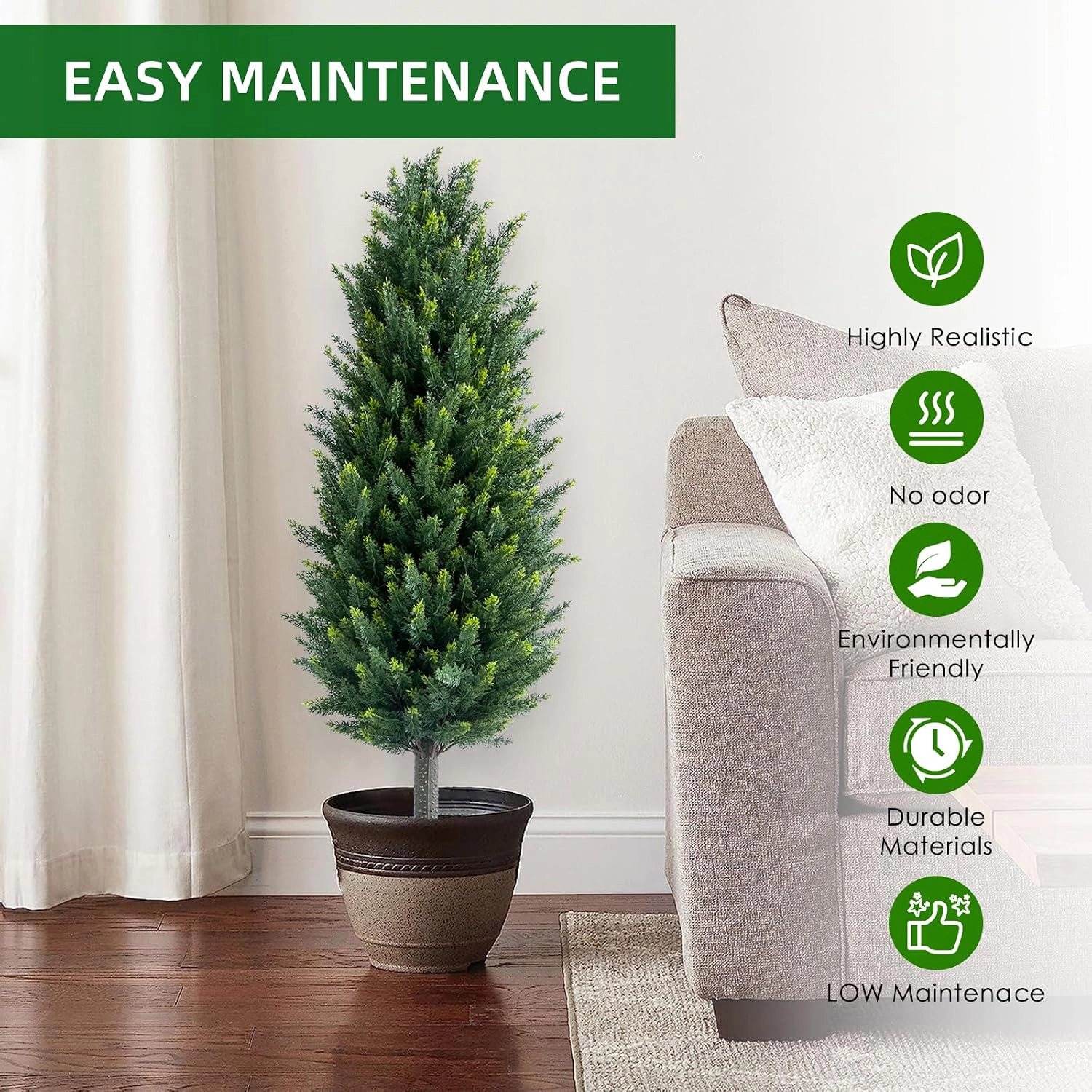 43.3" Dual Pack Lifelike Cedar Topiary Trees with Stakes, Faux Potted Evergreen Plants for Front Door, Balcony