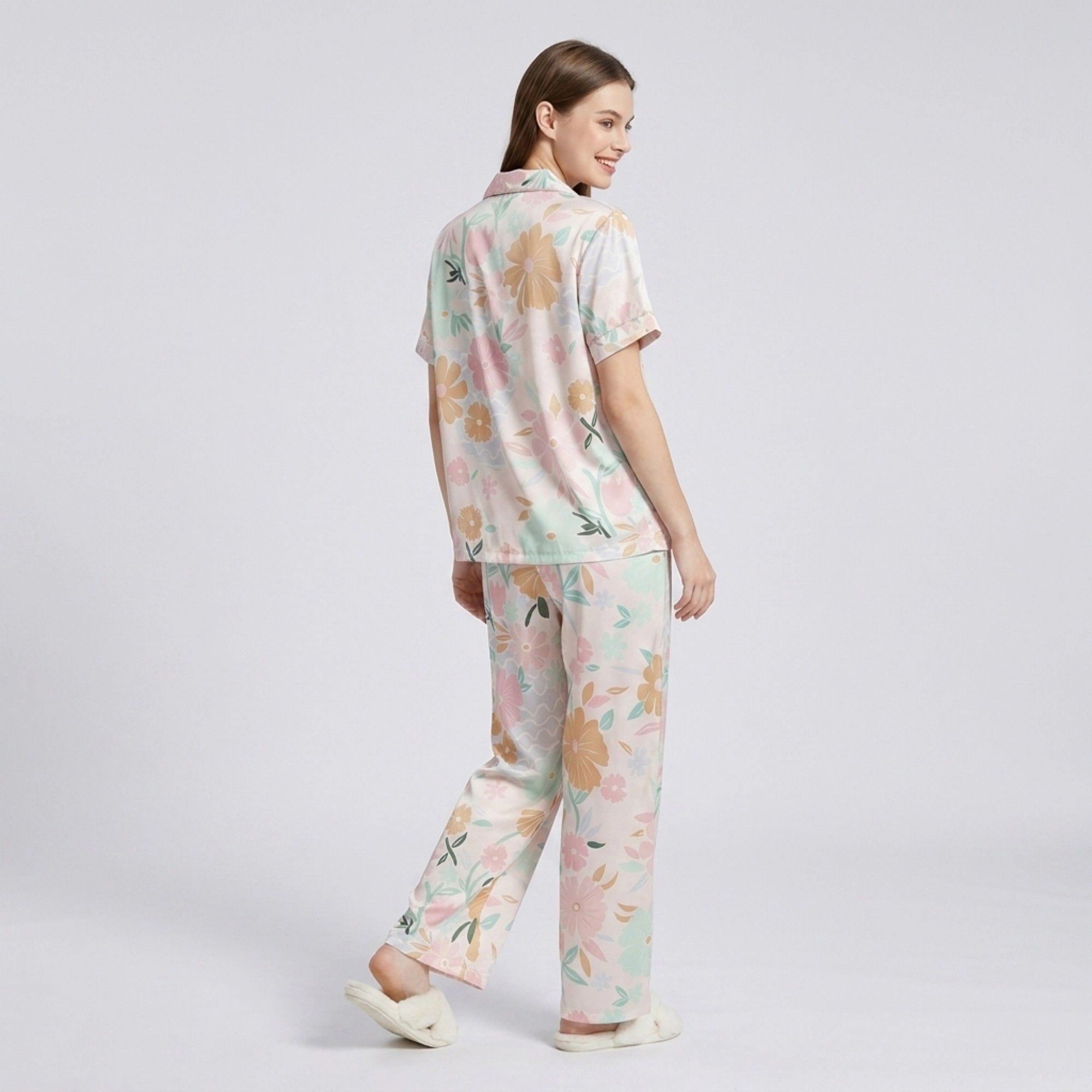 Anna-Kaci Women's 2-Piece Soft Floral Pajama Set with Short Sleeve Button Top and Wide Leg Pants