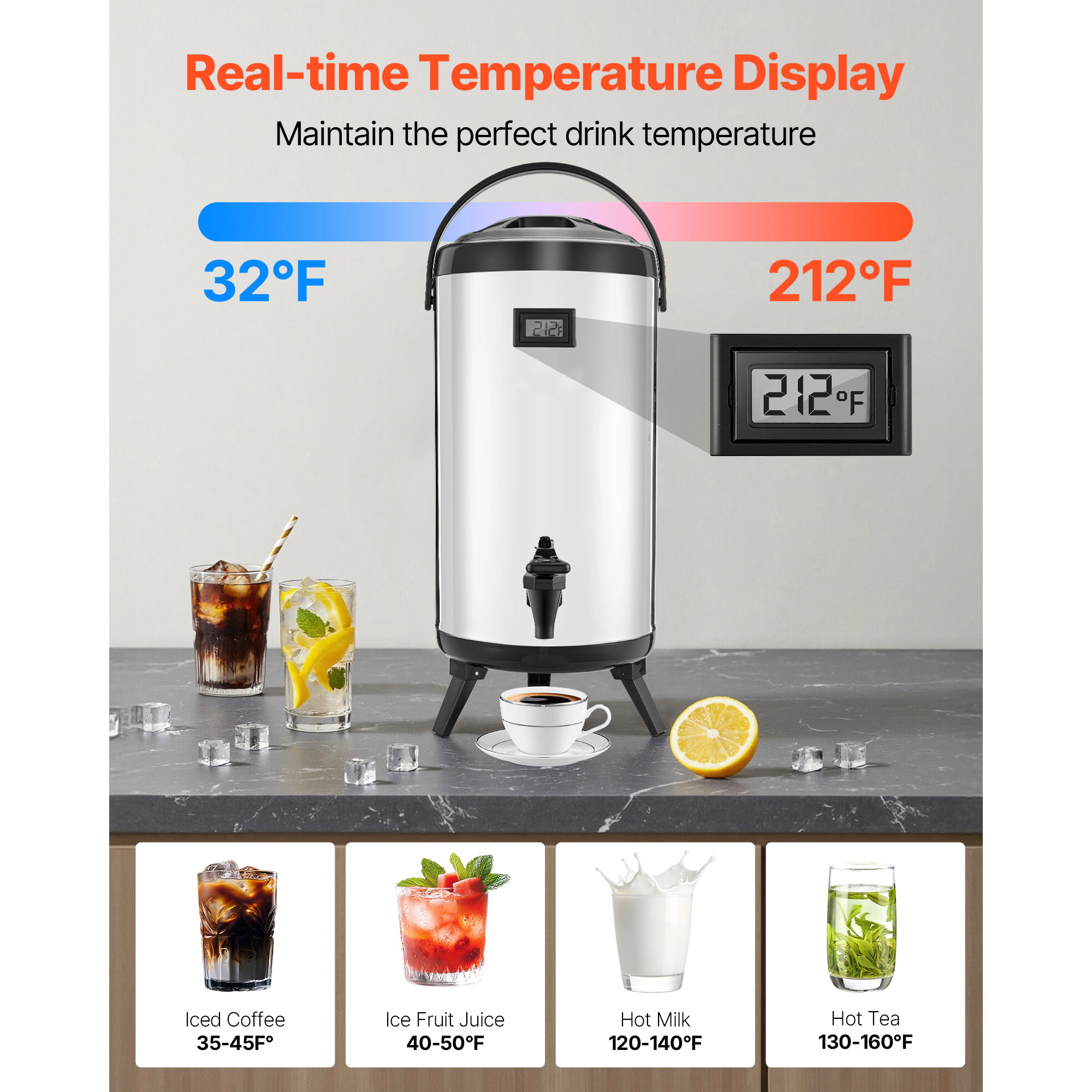 HONGGE Insulated Beverage Dispenser / Stainless Steel Thermal Drink Server with Spigot & Temp Display Suitable for Hot