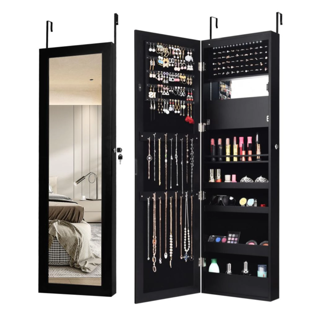 Hivvago Lockable Wall Door Mounted Mirror Jewelry Cabinet w/LED Lights