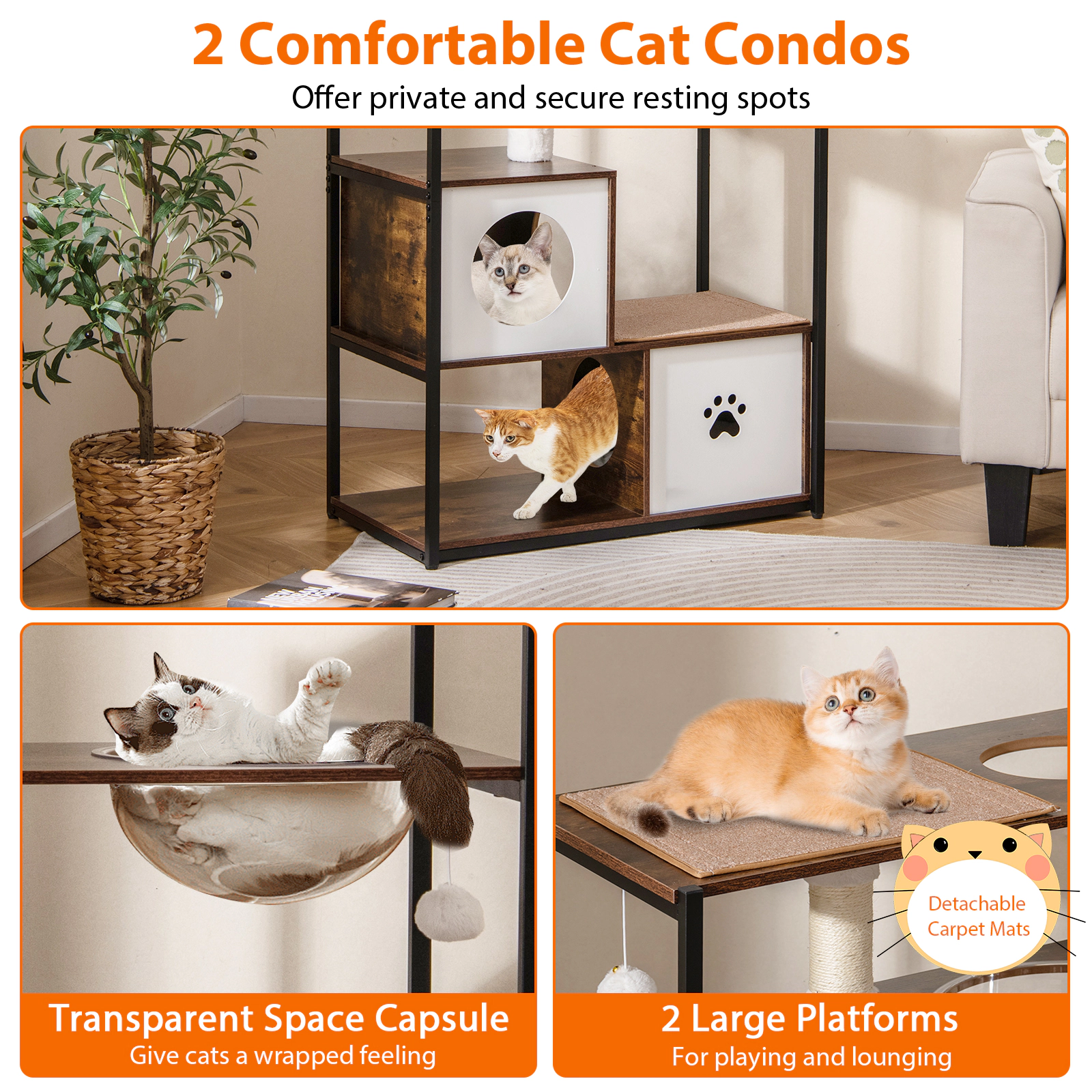 SUGIFT 52-in Coffee Wooden Cat Tree with Metal Frame 2 Condos Faux Rabbit Fur Cushions and Footpads