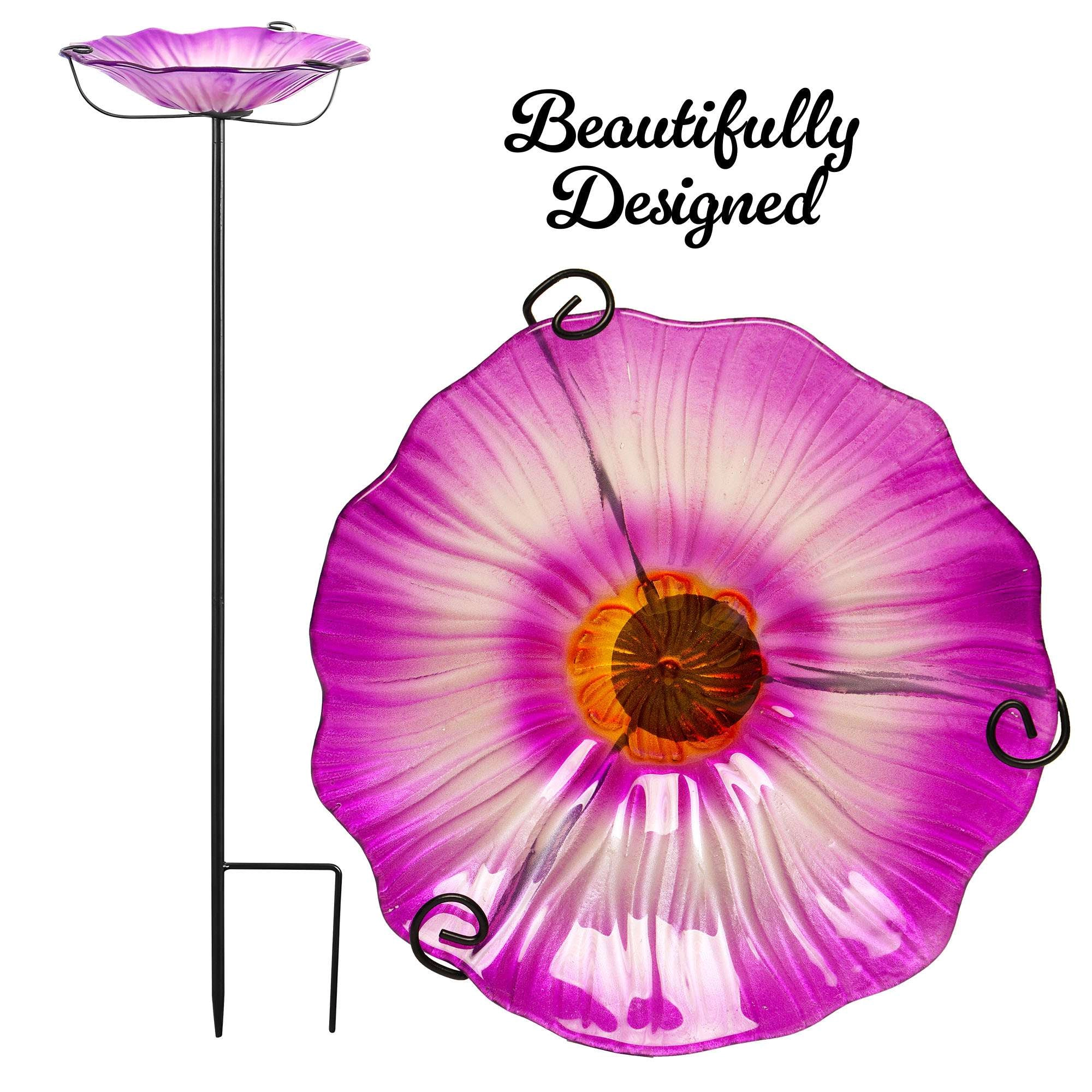G128 29 Inch Glass Bird Bath with Metal Stake - Purple Flower Outdoor Garden Feeder