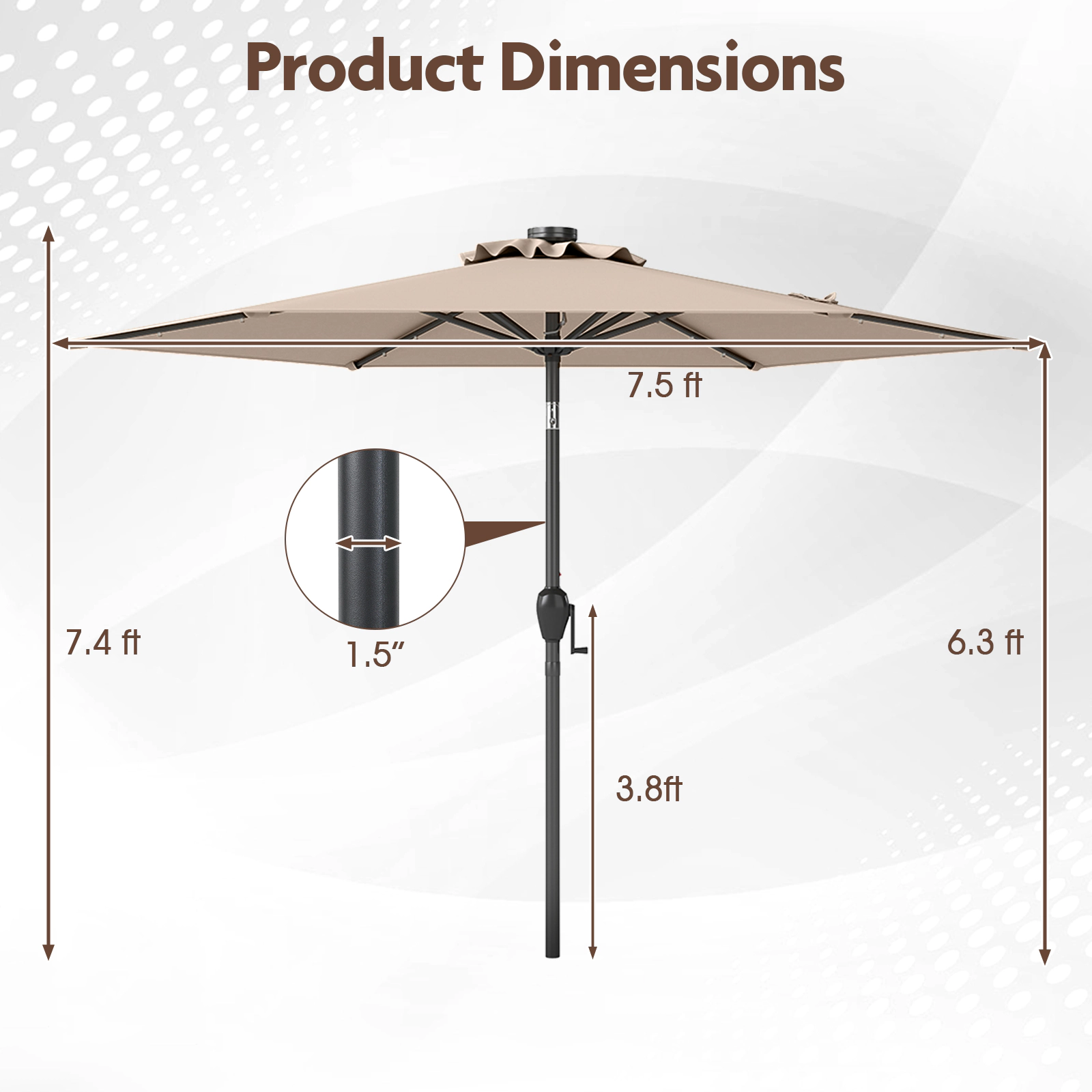 SUGIFT Tan 7.5 ft Solar Powered Patio Umbrella with 18 LED Lights and Crank Handle