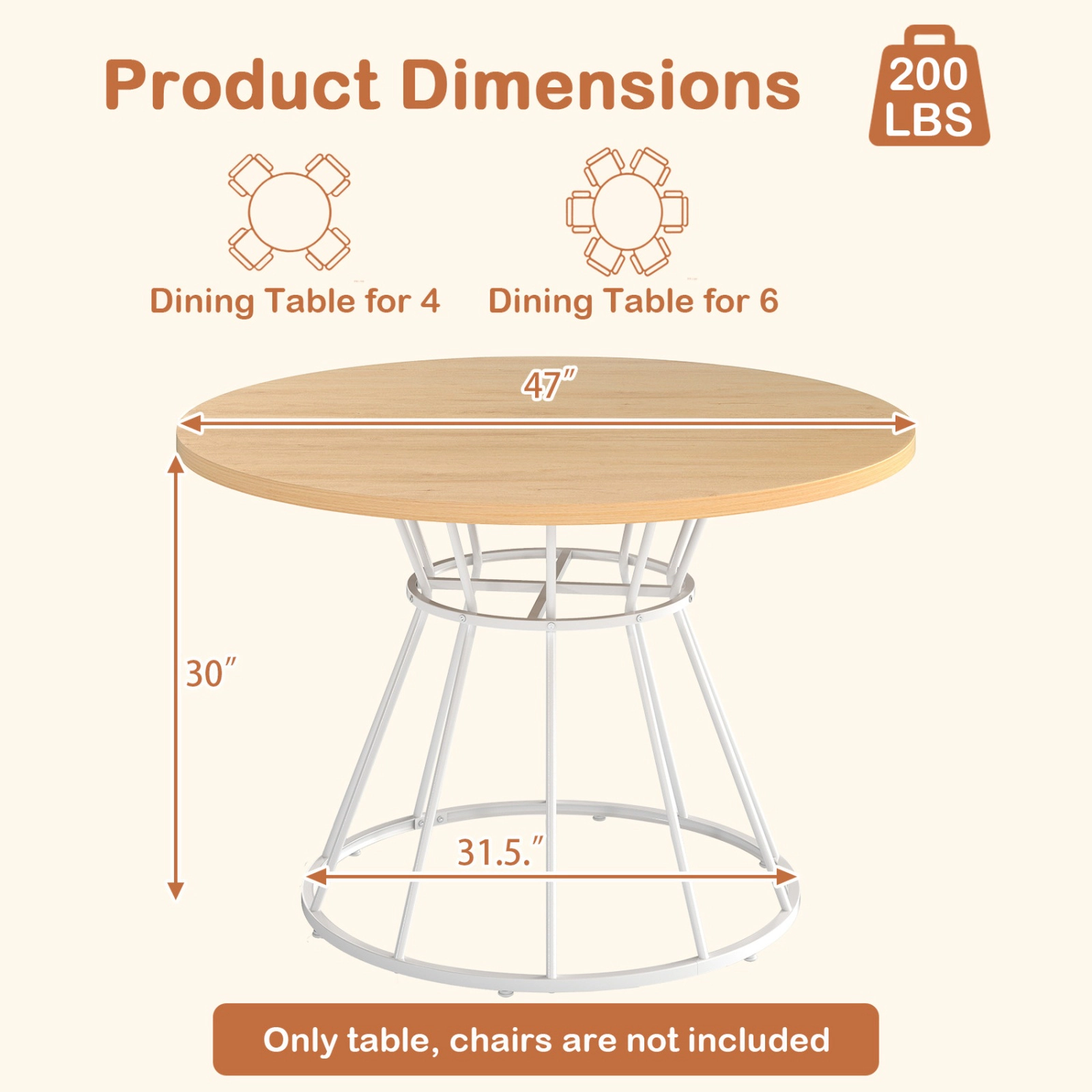 SUGIFT 47-in Round Farmhouse Dining Table for 4 with MDF Tabletop and Metal Frame 200-lb Capacity Natural+White