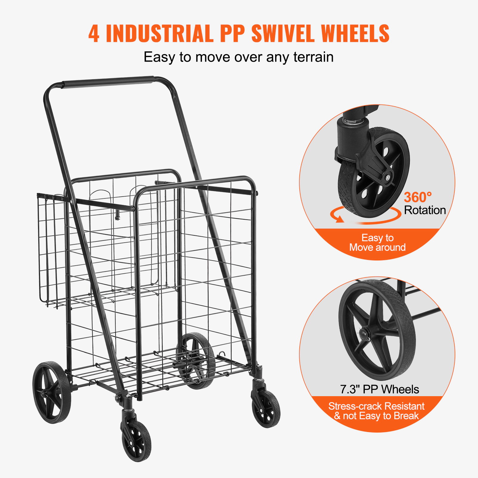 HONGGE Folding Utility Cart with Dual Baskets, 360° Swivel Wheels, 110 Lbs Capacity Rolling Laundry & Grocery Hamper
