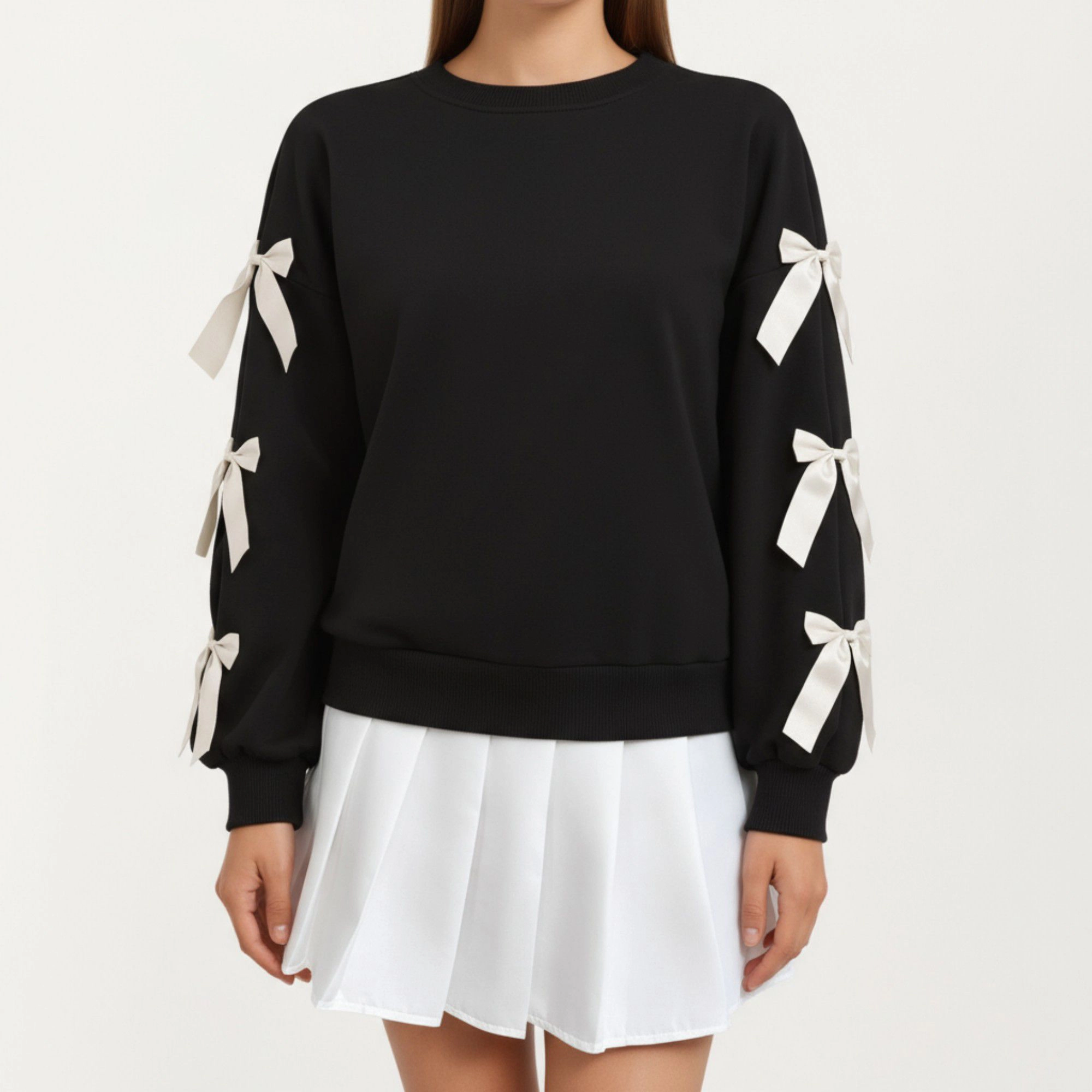Anna-Kaci Women's Long Sleeve Crew Neck Sweatshirt with Ribbon Bow Detail