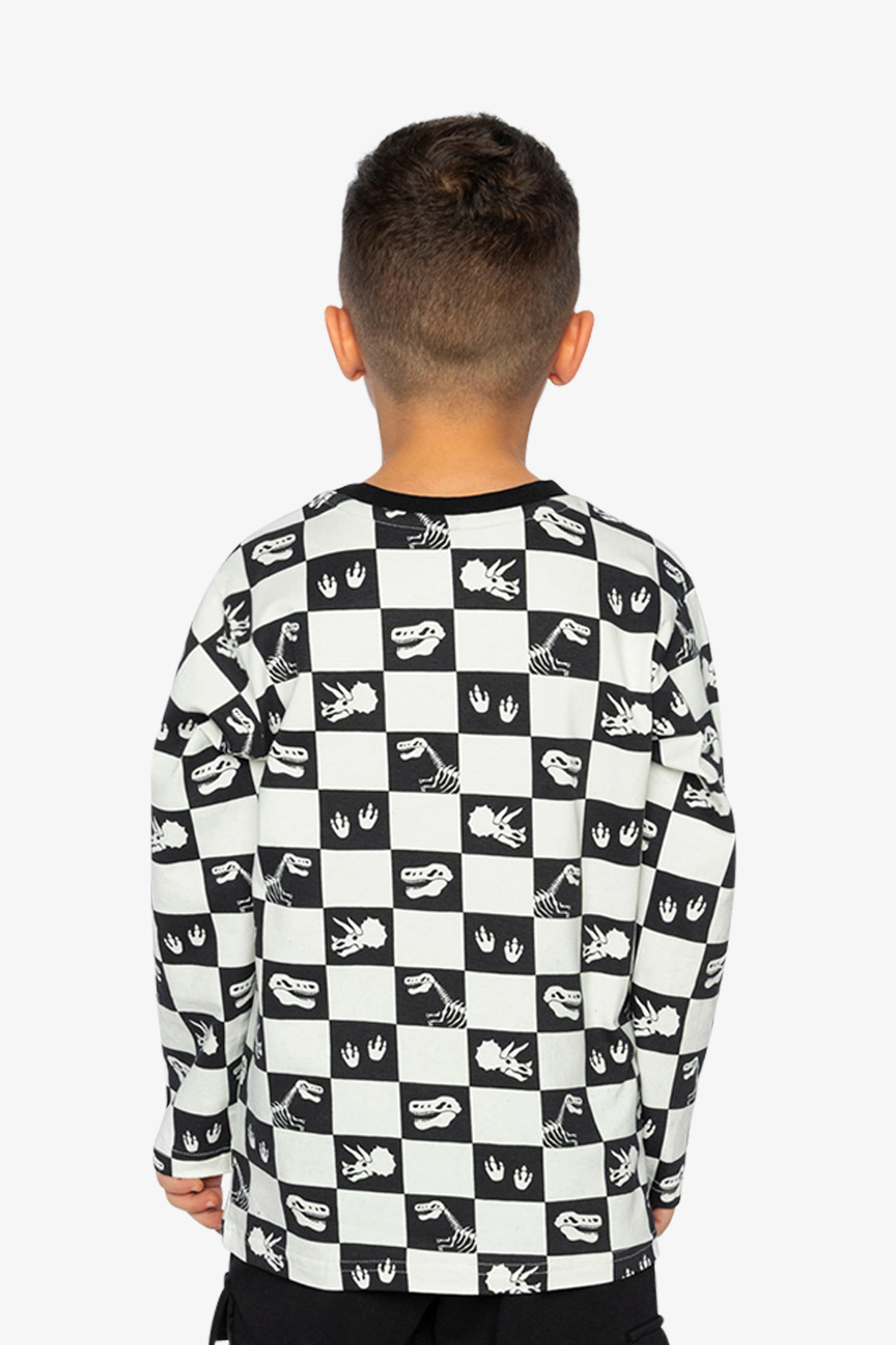 Deux par Boys Organic Cotton Long Sleeve Checkerboard Dino Icon T-Shirt