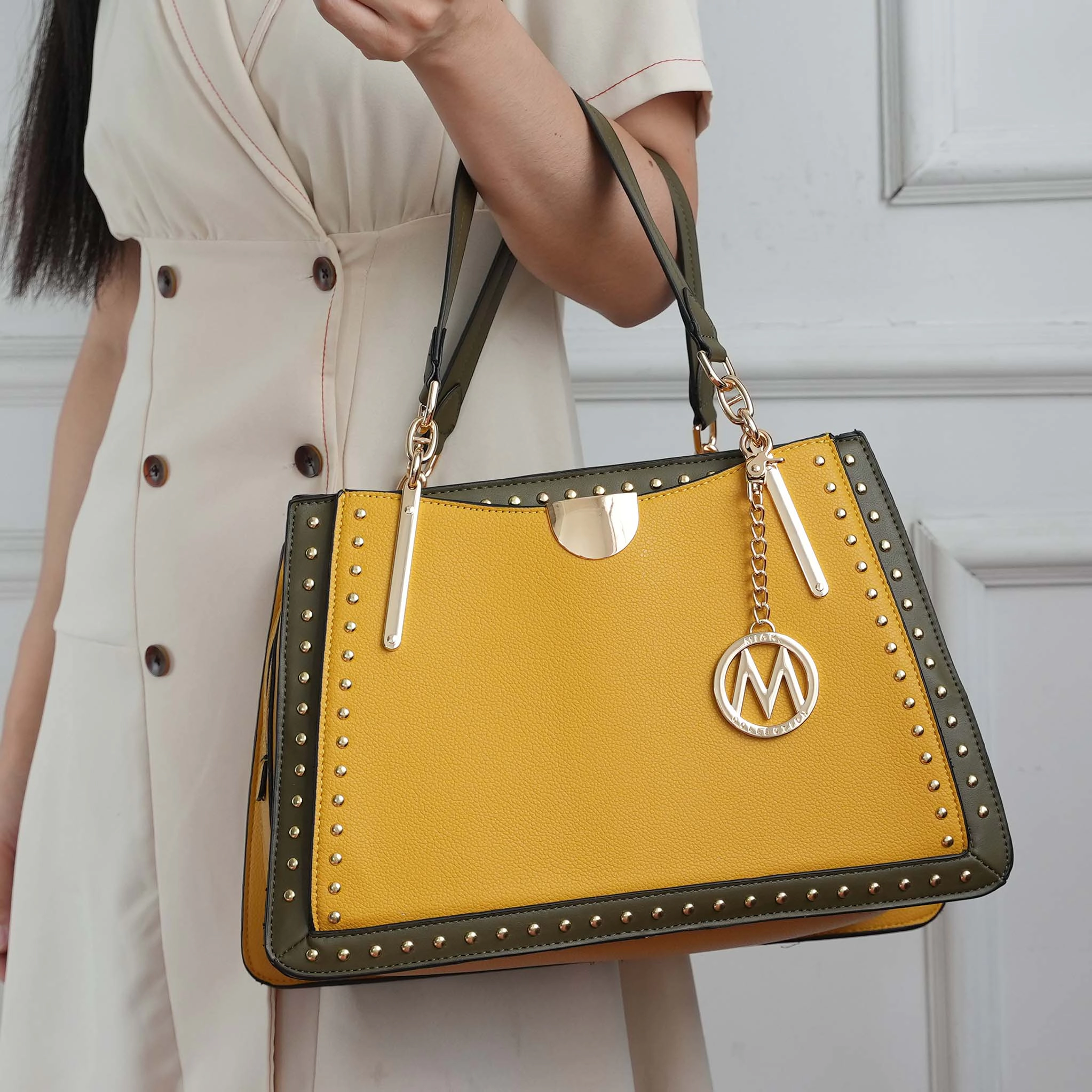 Mia K Collection Aubrey Vegan Leather Satchel - 3-Compartment Handbag with Gold-Tone Hardware