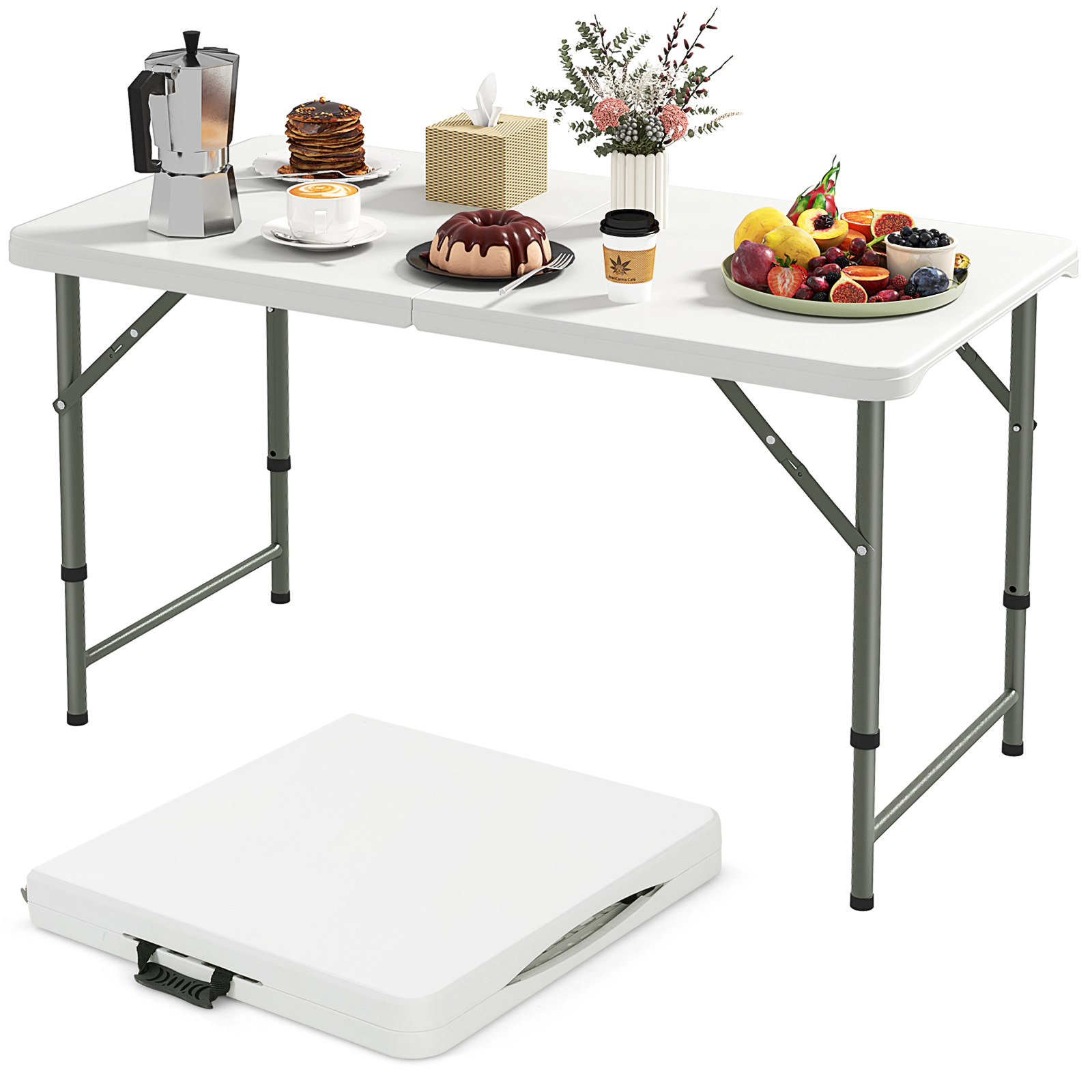 SUGIFT 4-Feet Adjustable Camping Table with HDPE Tabletop and Metal Legs 220-lb Capacity White 48 x 24-in Surface