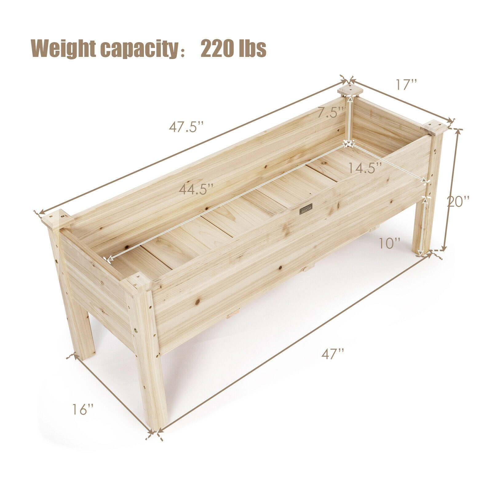 SUGIFT 220-lb Capacity 47.5-in Solid Fir Wood Raised Garden Bed Elevated Planter Box with Drainage Holes