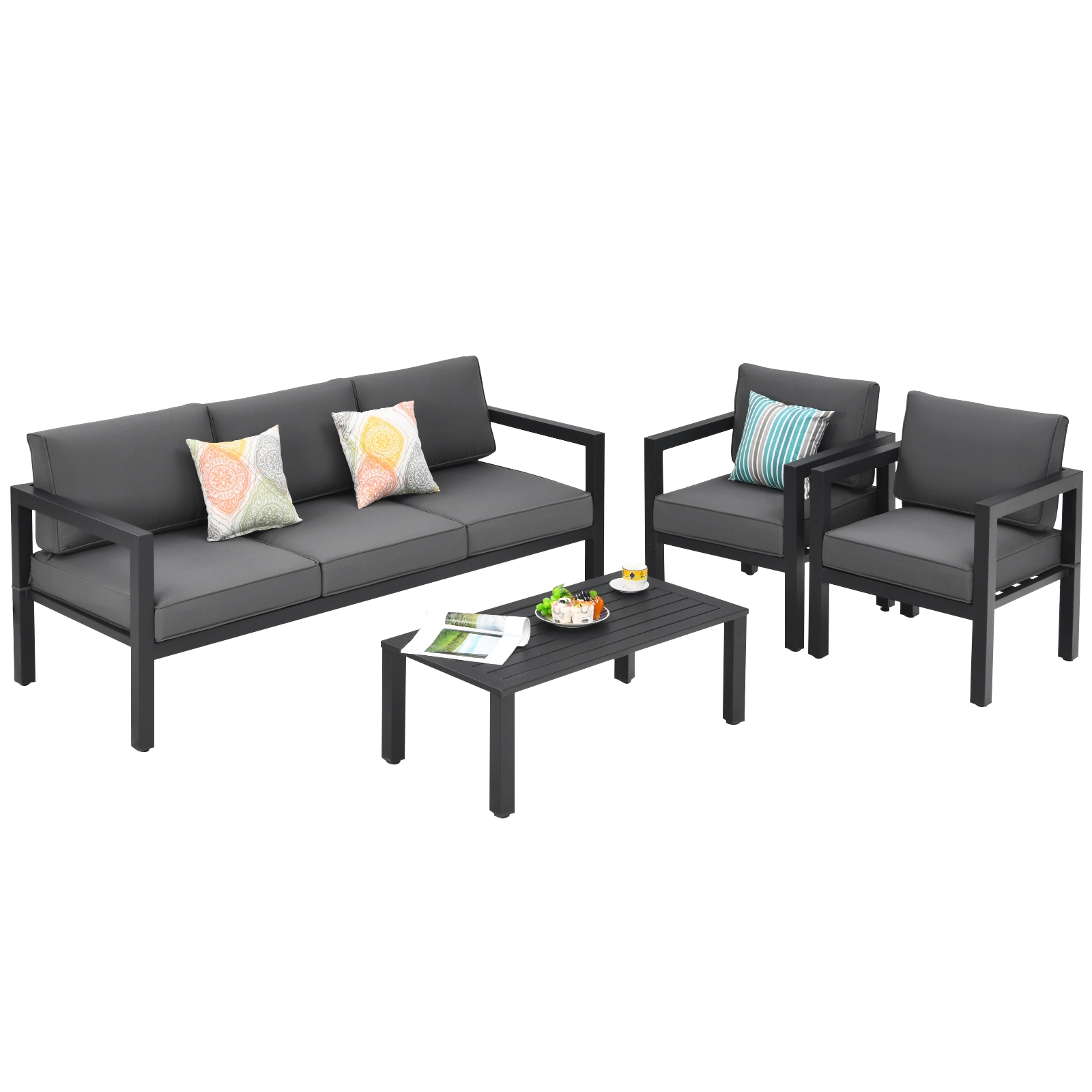 SUGIFT Gray 3-Seat Sofa 2 Chairs and Table 4-Piece Outdoor Aluminum Sofa Set