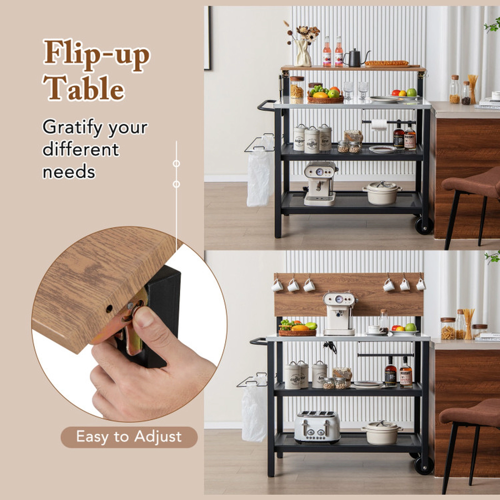 SUGIFT 3-Tier Galvanized Metal Flip-Up Table 6 Hooks Rolling Bar Cart 46-in x 22-in x 51-in 300-lb Capacity Black