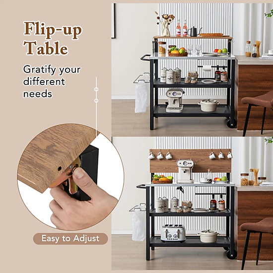 SUGIFT 3-Tier Galvanized Metal Flip-Up Table 6 Hooks Rolling Bar Cart 46-in x 22-in x 51-in 300-lb Capacity Black