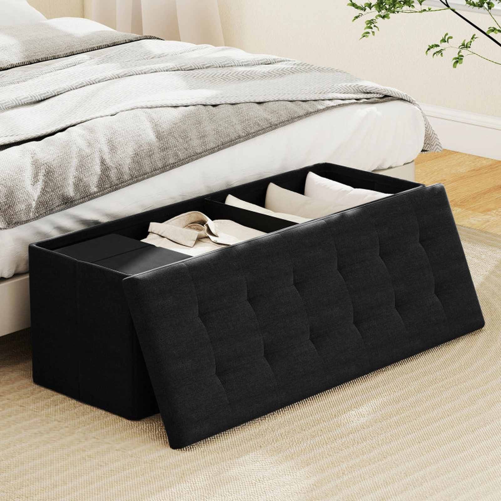SUGIFT Folding Storage Ottoman Bench with Padded Seat 660-lb Capacity Dark Gray/Light Gray/Blue/Black/Brown