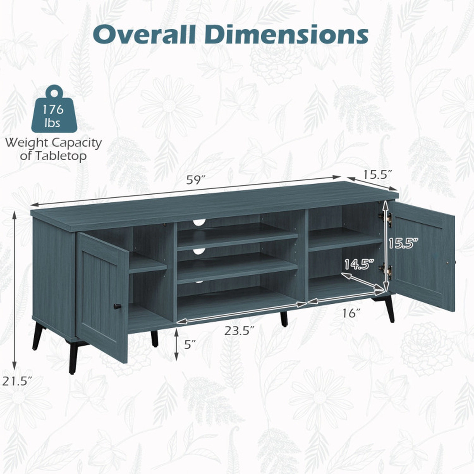 SUGIFT 2-Door Mid Century TV Stand for TVs up to 65 Inch with Adjustable Storage 176-lb Tabletop Turquoise/Brown