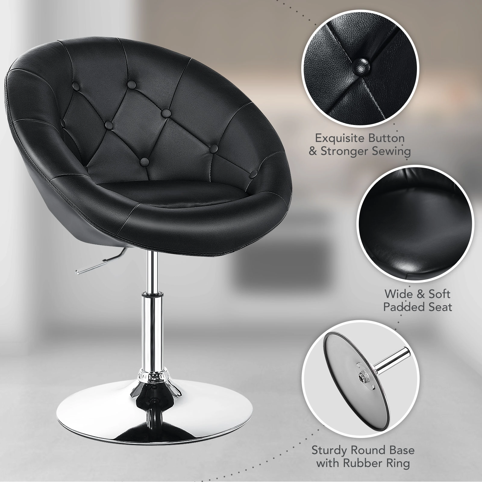 SUGIFT Adjustable Swivel Round PU Leather Accent Chair 330-Lb Capacity 30.5-36-in Adjustable Height Black