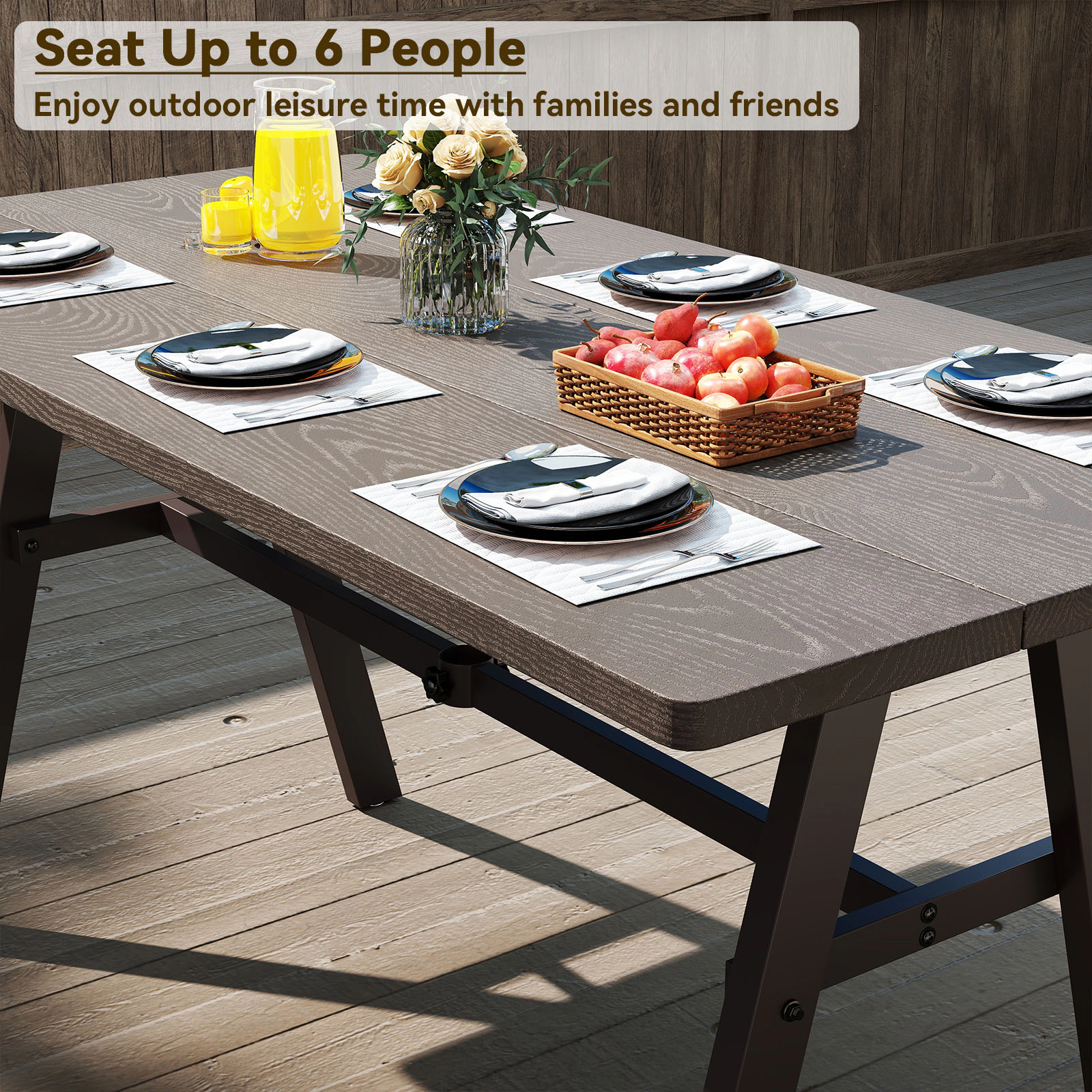 SUGIFT Outdoor Dining Table for 6 with 59-in Top 1.93-in Umbrella Hole 350-lb Capacity 53-lb Net Weight Dark Brown