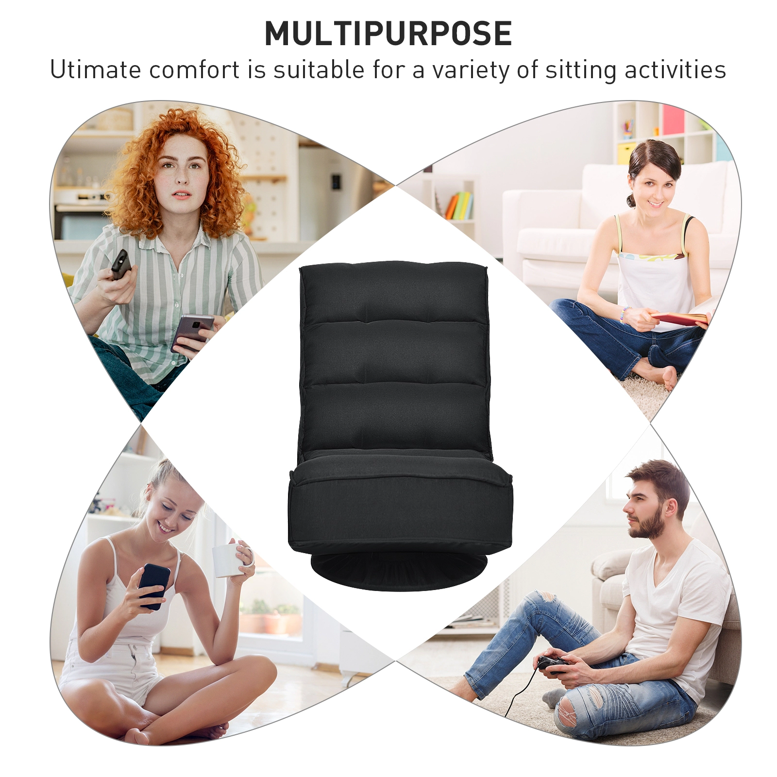 SUGIFT 5-Position Swivel Folding Floor Gaming Chair 300-lb Capacity 23-in Long Iron Frame Floor Seat Black