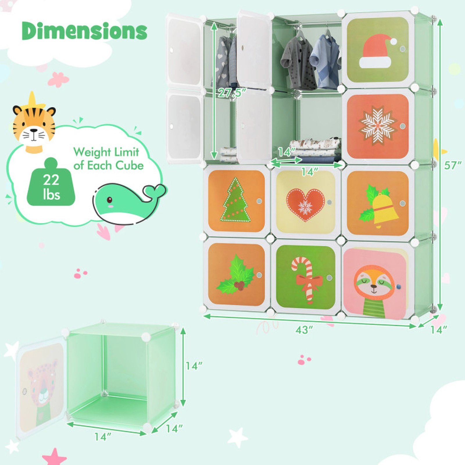 SUGIFT Kids 12-Cube Holiday Print Doors Hanging Section Wardrobe Closet 43-in x 14-in x 57-in 22-lb per Cube Green