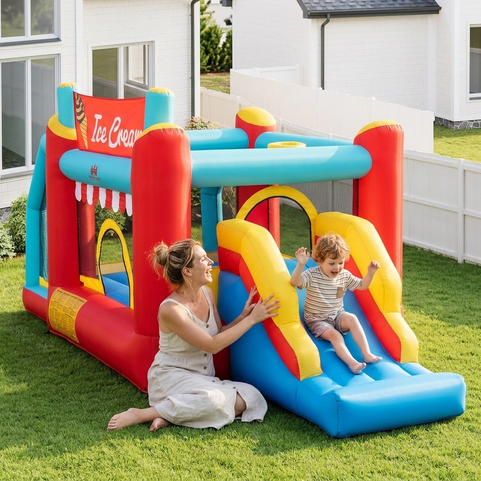 5-in-1 Ice Cream Inflatable Bounce House with Slide Ball Pit 50 Ocean Balls Basketball Ring Toss