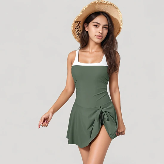 Anna-Kaci Women's Square Neck Swim Dress with Contrast Trim and Side Bow Skirt Overlay