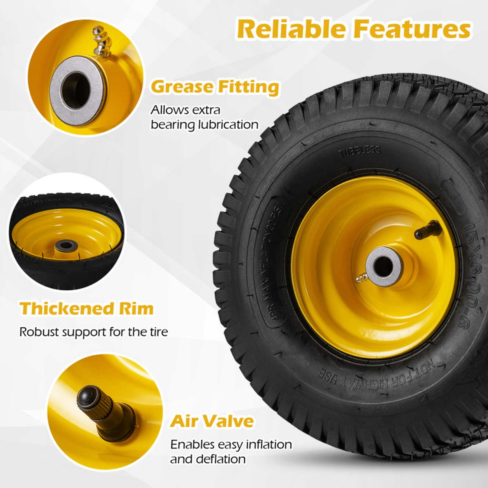 SUGIFT Set of 2 Tubeless Pneumatic 4-Ply Lawn Mower Tires 15 x 6.00-6 15-in Diameter 6-in Rim 30-PSI 440-lb Yellow