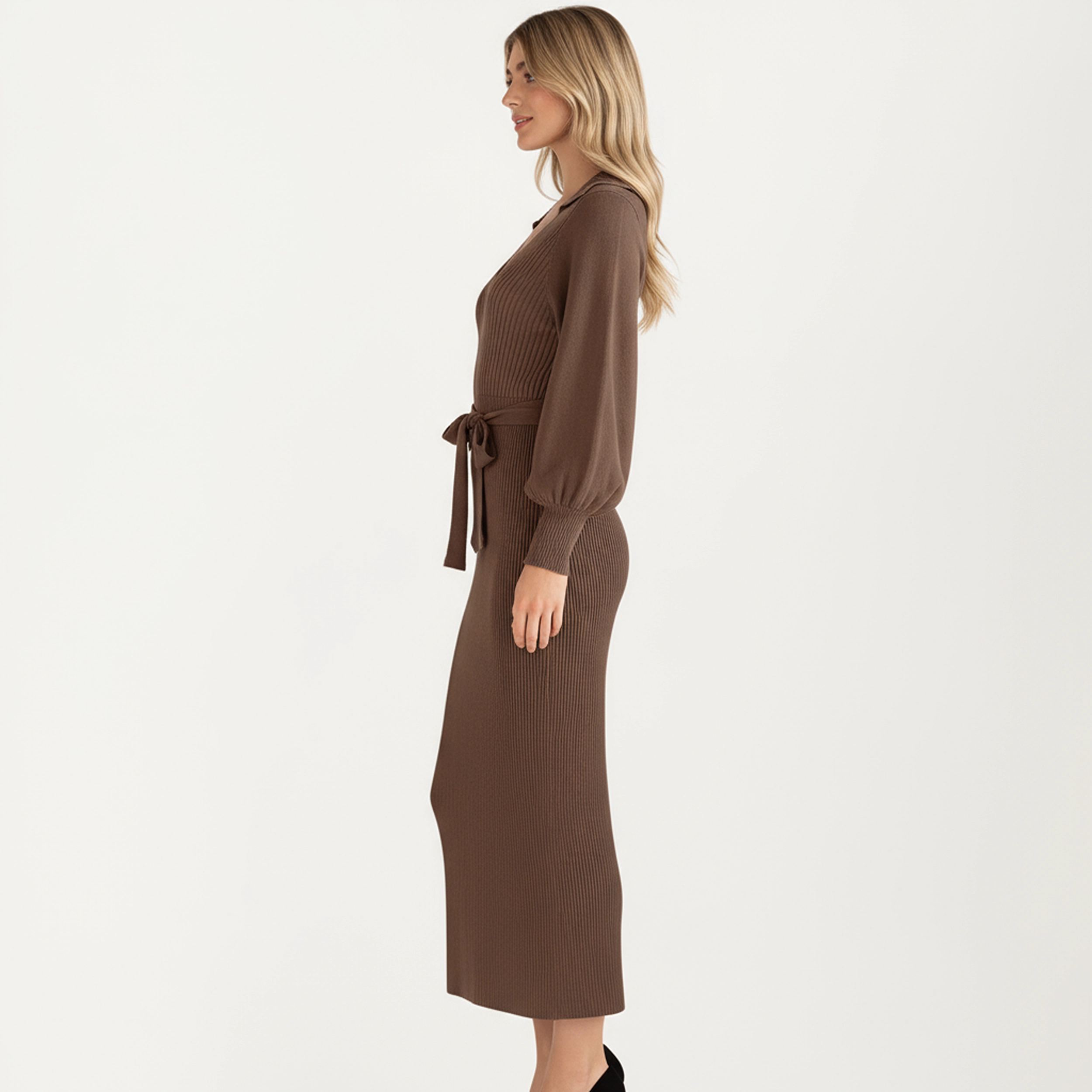 Anna-Kaci Women's Long Sleeve Ribbed Knit V-Neck Waist Tie Midi Dress
