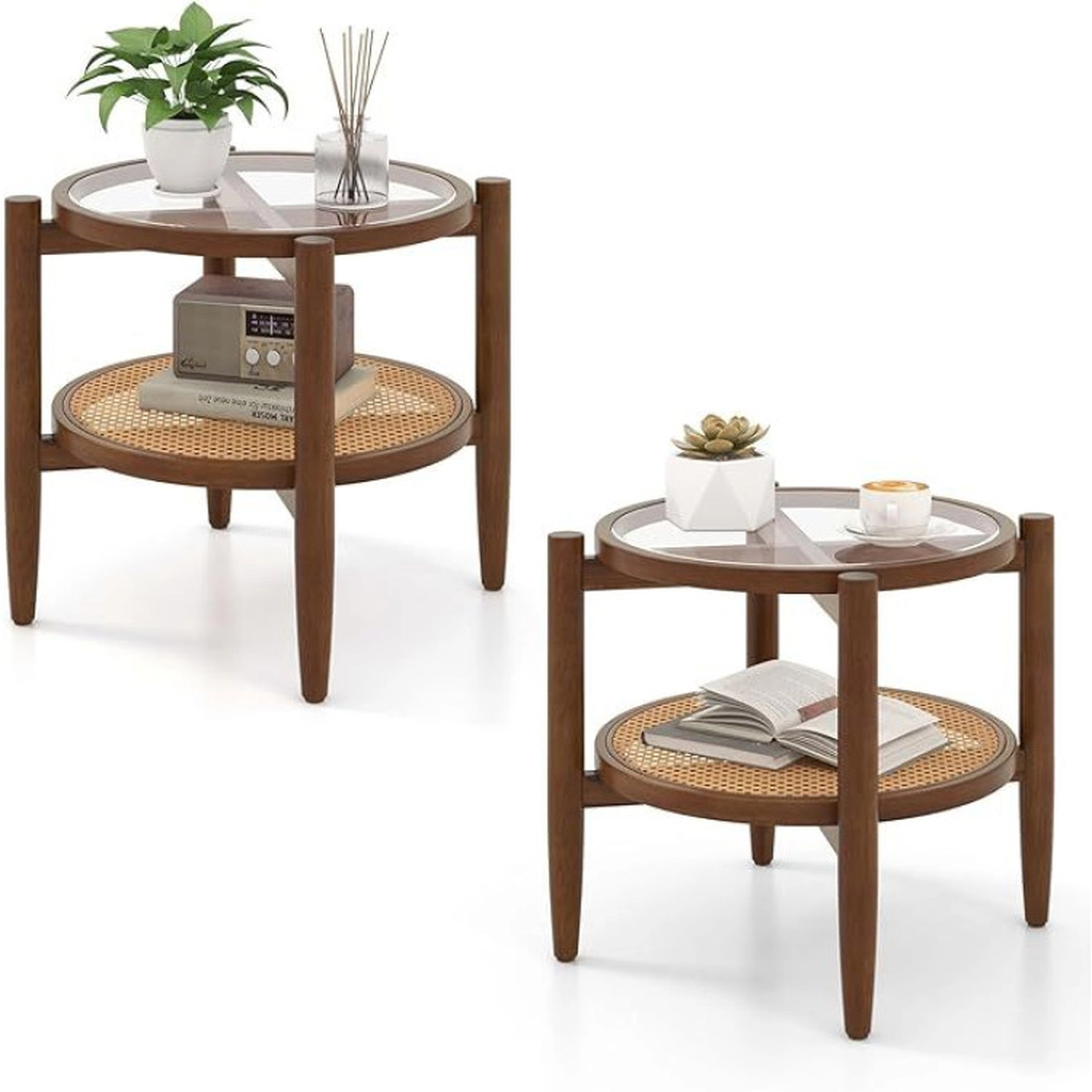 SUGIFT Set of 2 Round Side Tables Walnut with Tempered Glass Top and Rattan Lower Shelf