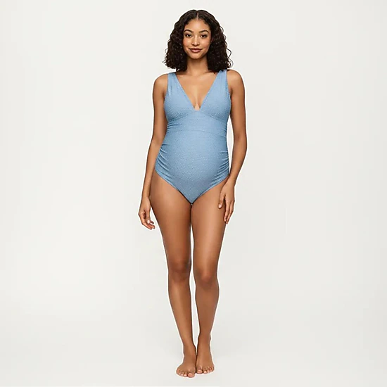 Anna-Kaci Women's Maternity Ribbed One-Piece Swimsuit with Plunge Neckline and Side Gathering