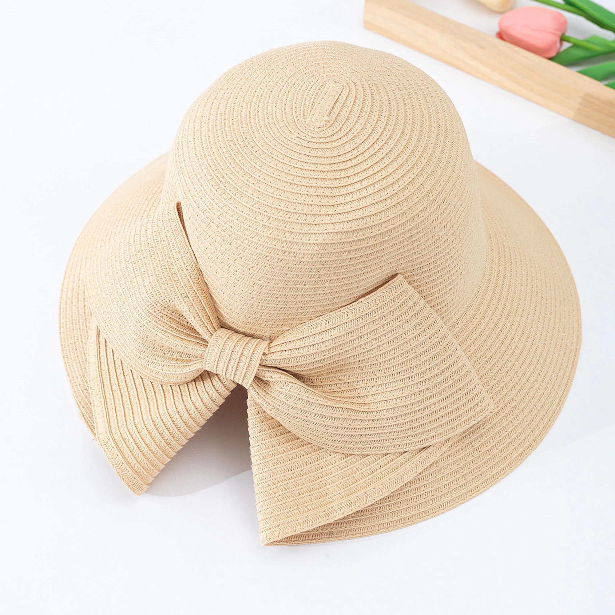 Anna-Kaci Womens Wide Brim Straw Sun Hat with Oversized Bow Detail and Adjustable Inner Band
