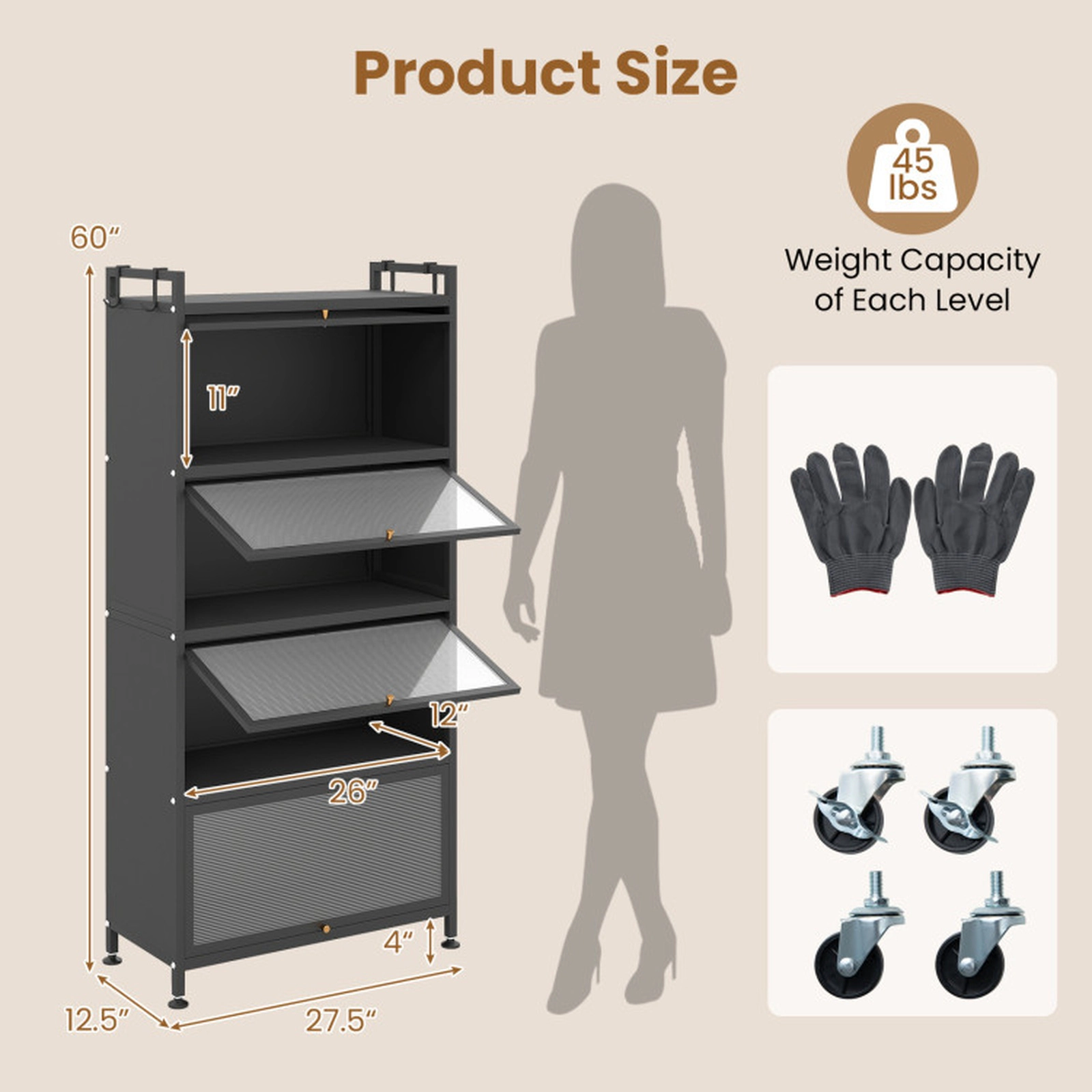 SUGIFT 5-Tier 45-lb Per-Tier 60-in Black Storage Cabinet with 4 Flip-Up PC Doors Rolling Wheels and Guardrails
