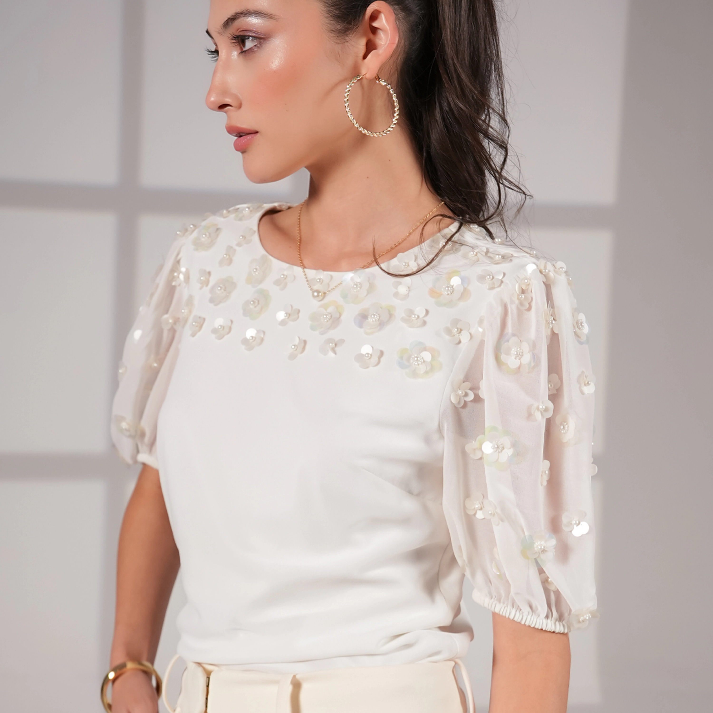 Rose & Nancy Women's Morena Ivory Hand Embellished Top