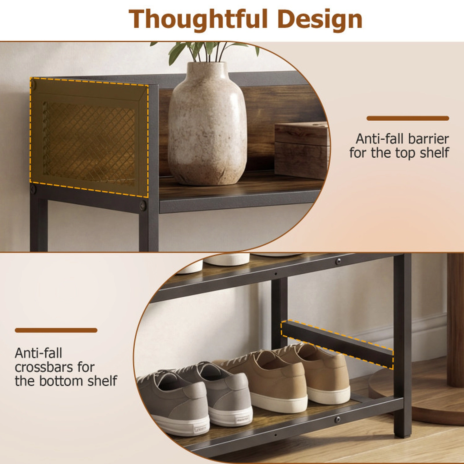 SUGIFT Rustic Brown Heavy Duty Metal Frame and Guardrails 32 Inch 4-Tier Industrial Shoe Rack