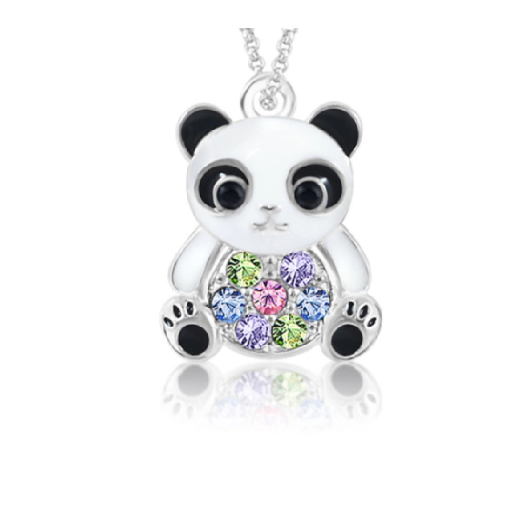 CHANTEUR Kids Panda Pendant Necklace - Silver White Gold Palladium Plating, Multi-Color Crystal, 6" Chain