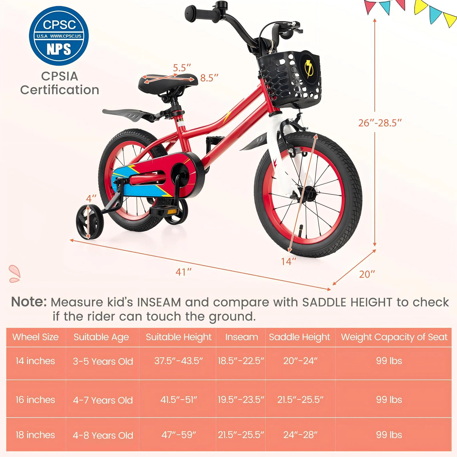 SUGIFT Height-Adjustable 14-Inch Kids Bike with Training Wheels 99-lb Capacity Ages 3-5 Years Red