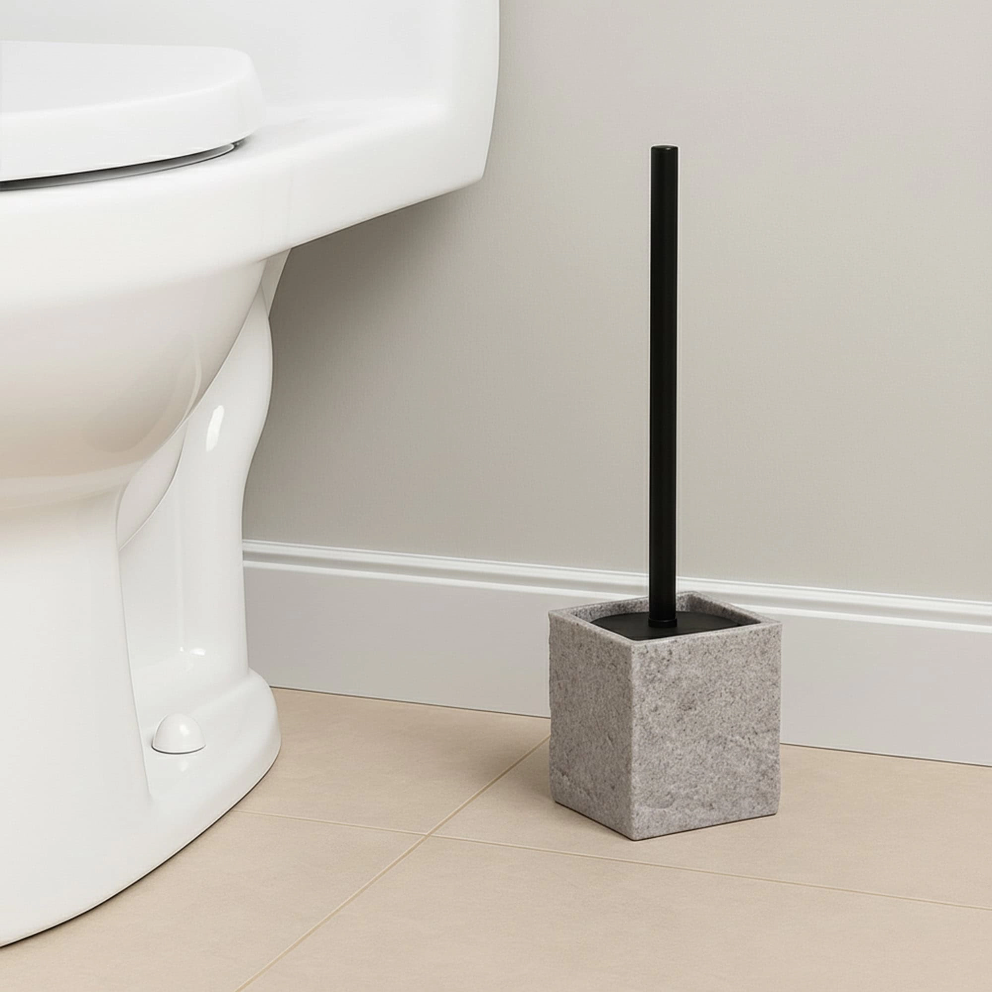 Evideco French Home Goods Stone-effect Polyresin Square Toilet Brush and Holder Set, Sandstone