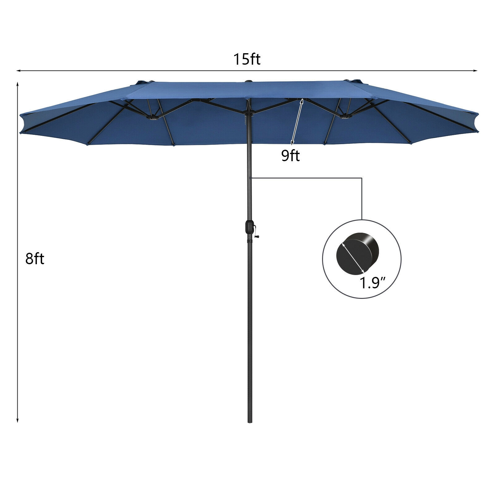 SUGIFT 15.4-ft Double-Sided Patio Umbrella with Hand-Crank System Steel Frame 1.9-in Pole 26-lb Net Weight Navy