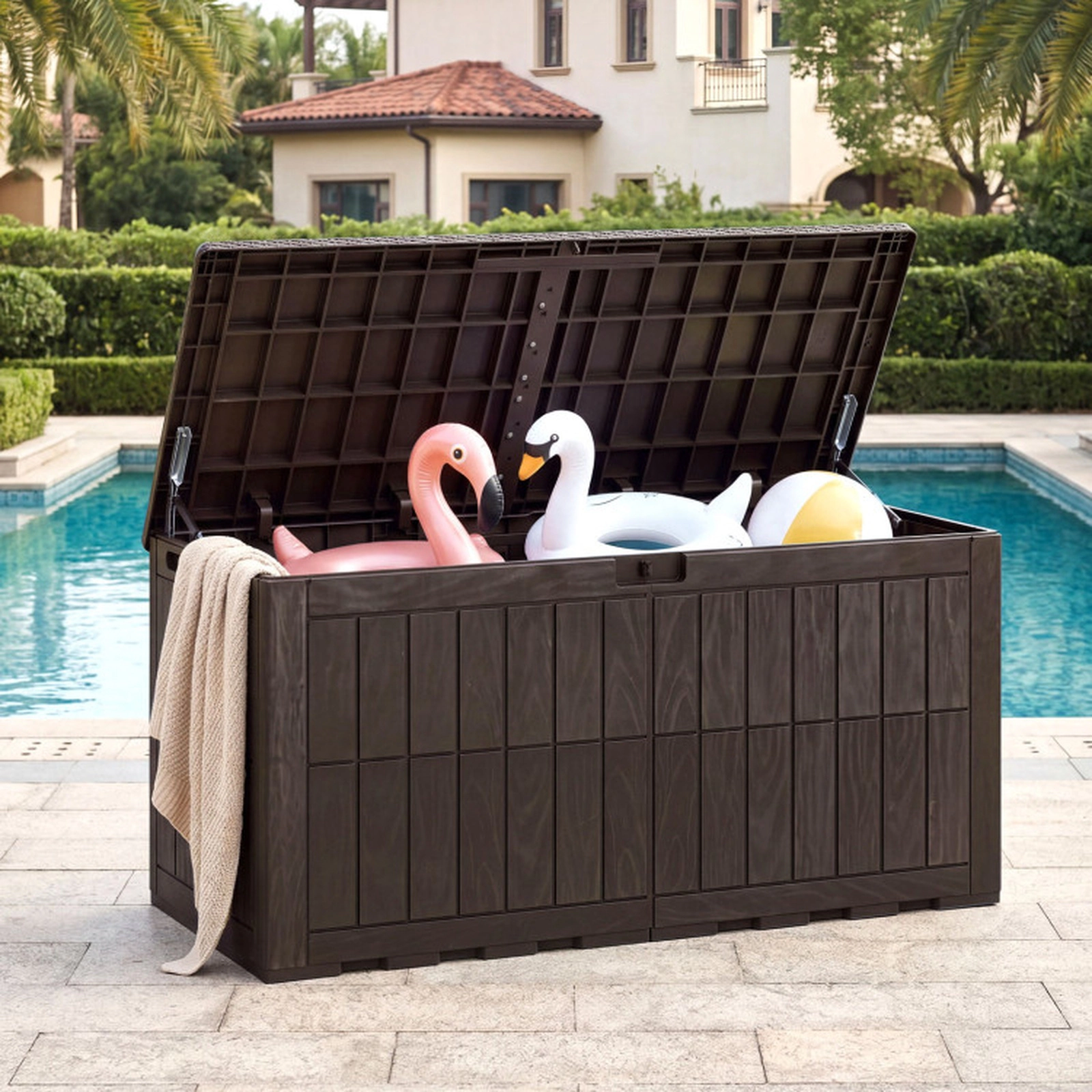 SUGIFT 120 Gal Outdoor Deck Storage Box with Hydraulic Lid and Handles 540-lb Seating Capacity Dark Brown