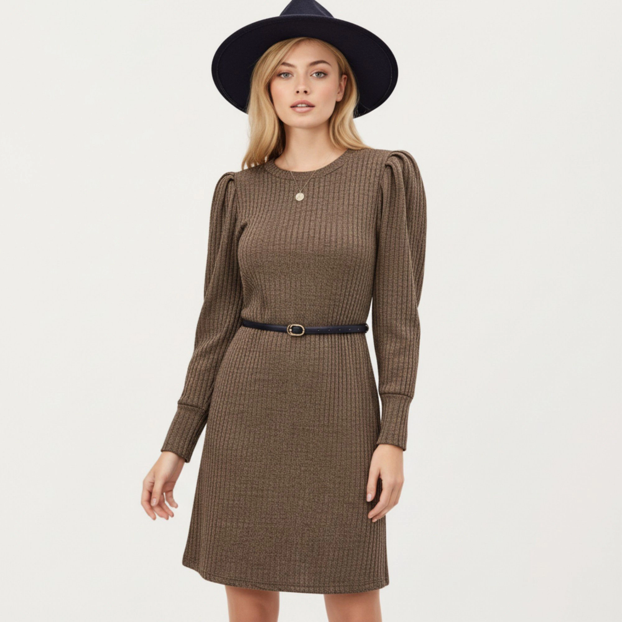 Anna-Kaci Women's Long Sleeve Ribbed Knit Puff Shoulders Crew Neck Stretch Fit Dress