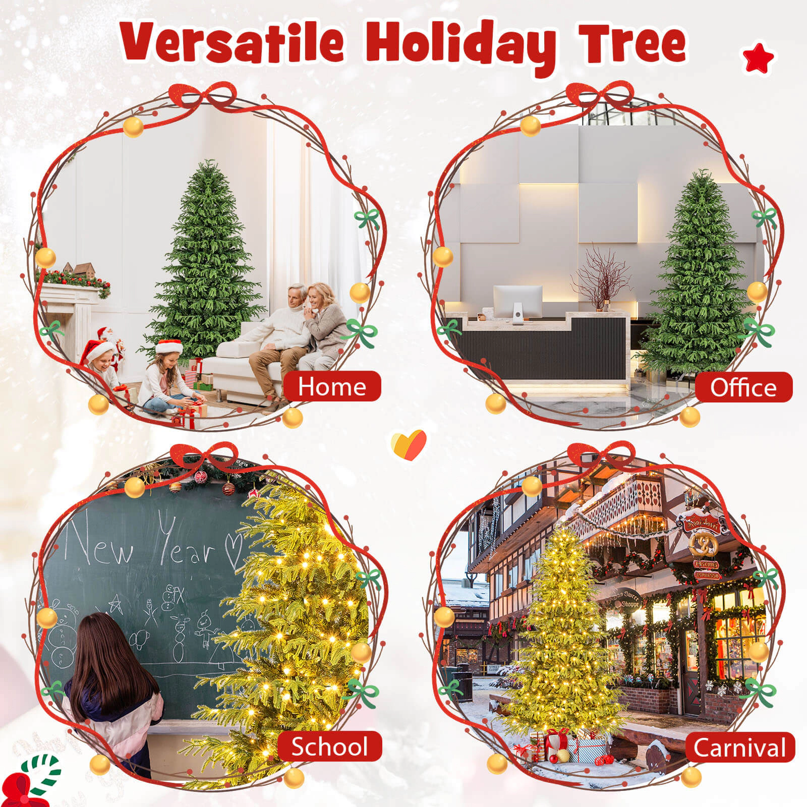 Costway 6/7/8 FT Artificial Christmas Tree with 270/370 LED Lights, 746/1090/1470 Branch Tips for Home Party