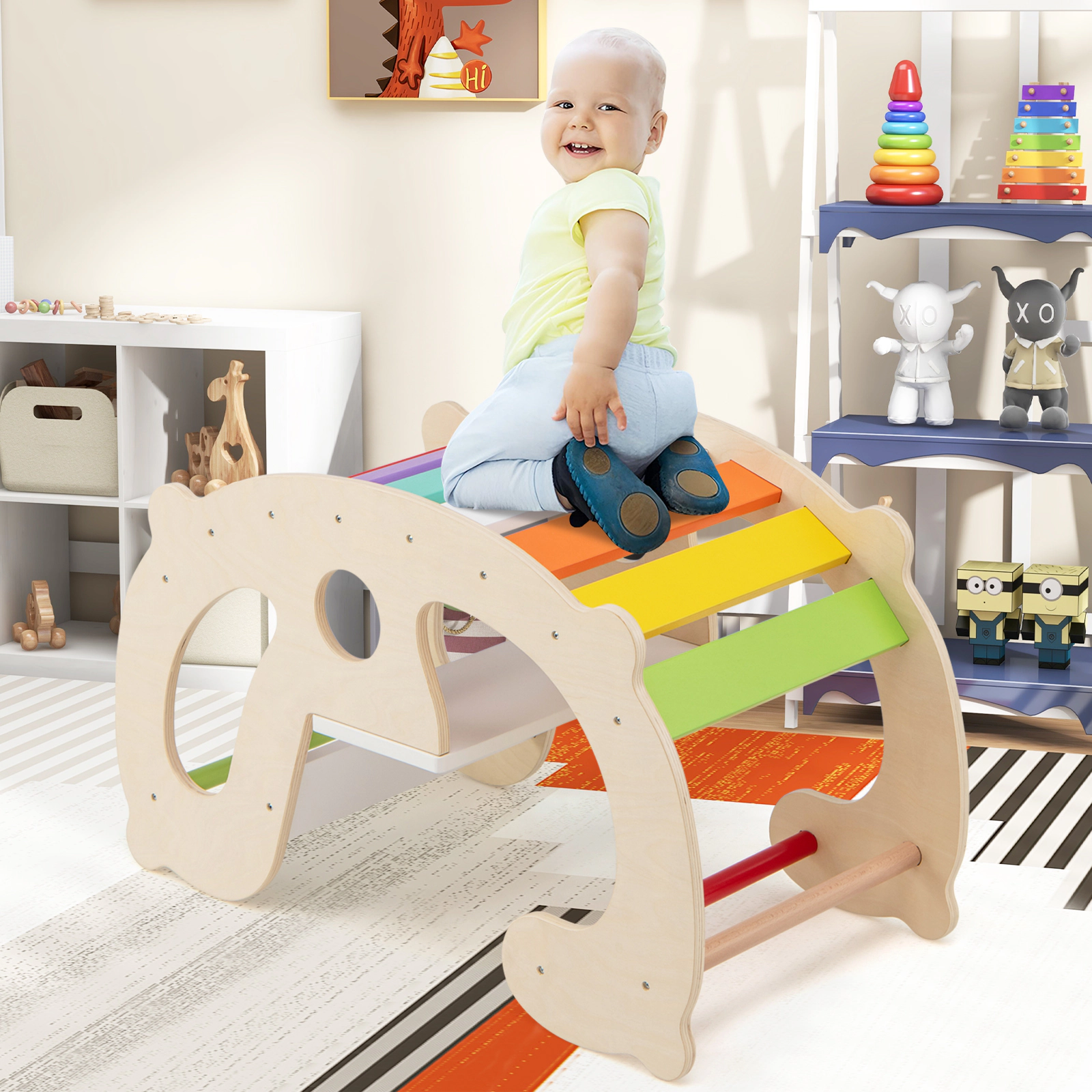2-in-1 Kids Rocking Horse Arch Climber Wooden Montessori Rocker Angle Limiters 16.5-in Seat 110-lb Capacity Ages 1+