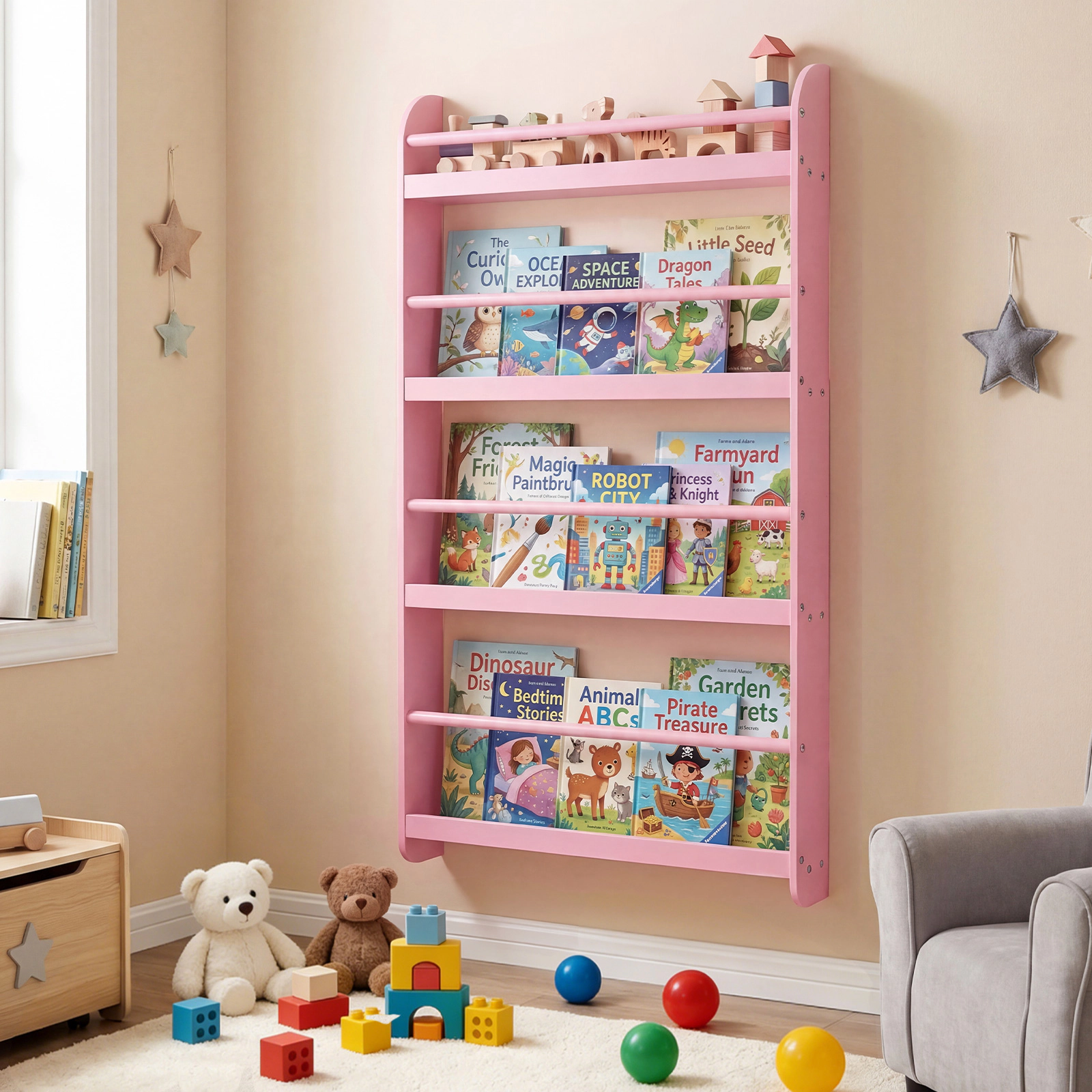 Costway Kids Bookshelf, 4-Tier Wall Mounted Book Shelf for Toys, Books, Hanging Bookcase White