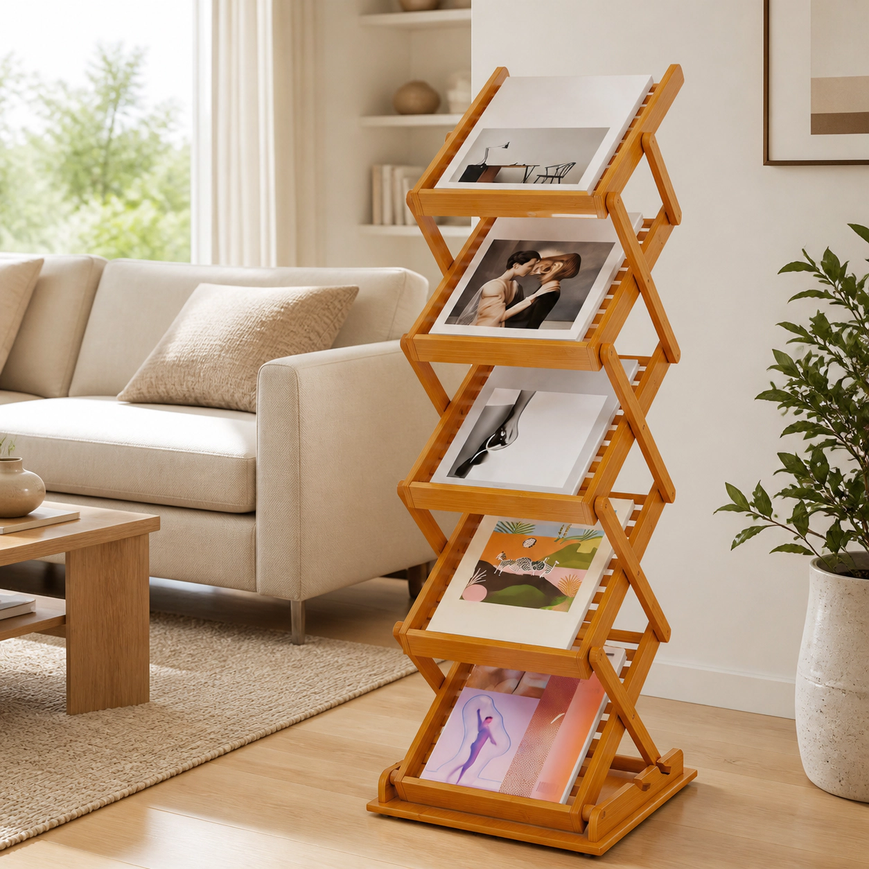 SUGIFT 5-Tier Walnut Foldable Bamboo Magazine Rack Floor Stand with 2 Adjustable Heights and Display Holder